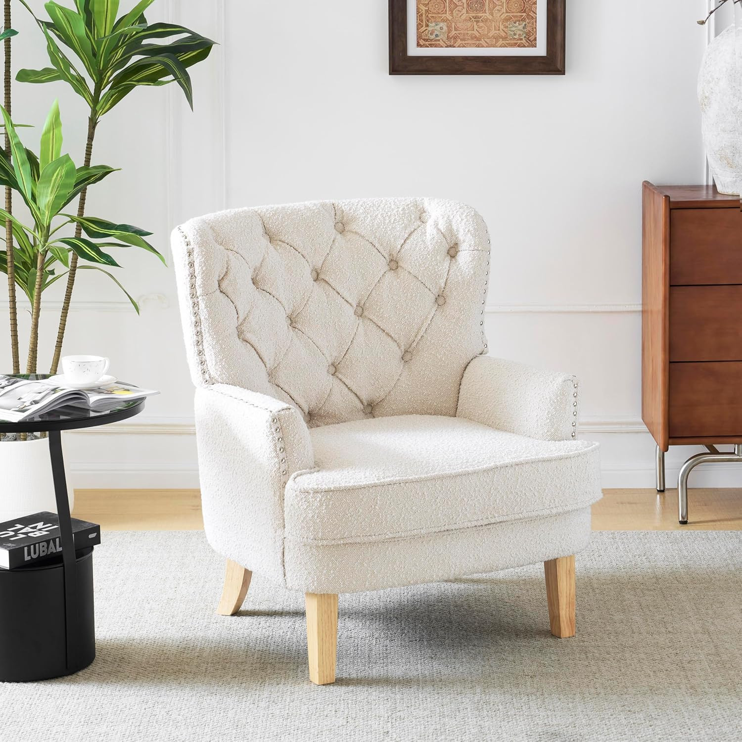 Handcrafted White Boucle Barrel Accent Chair with Oak Legs
