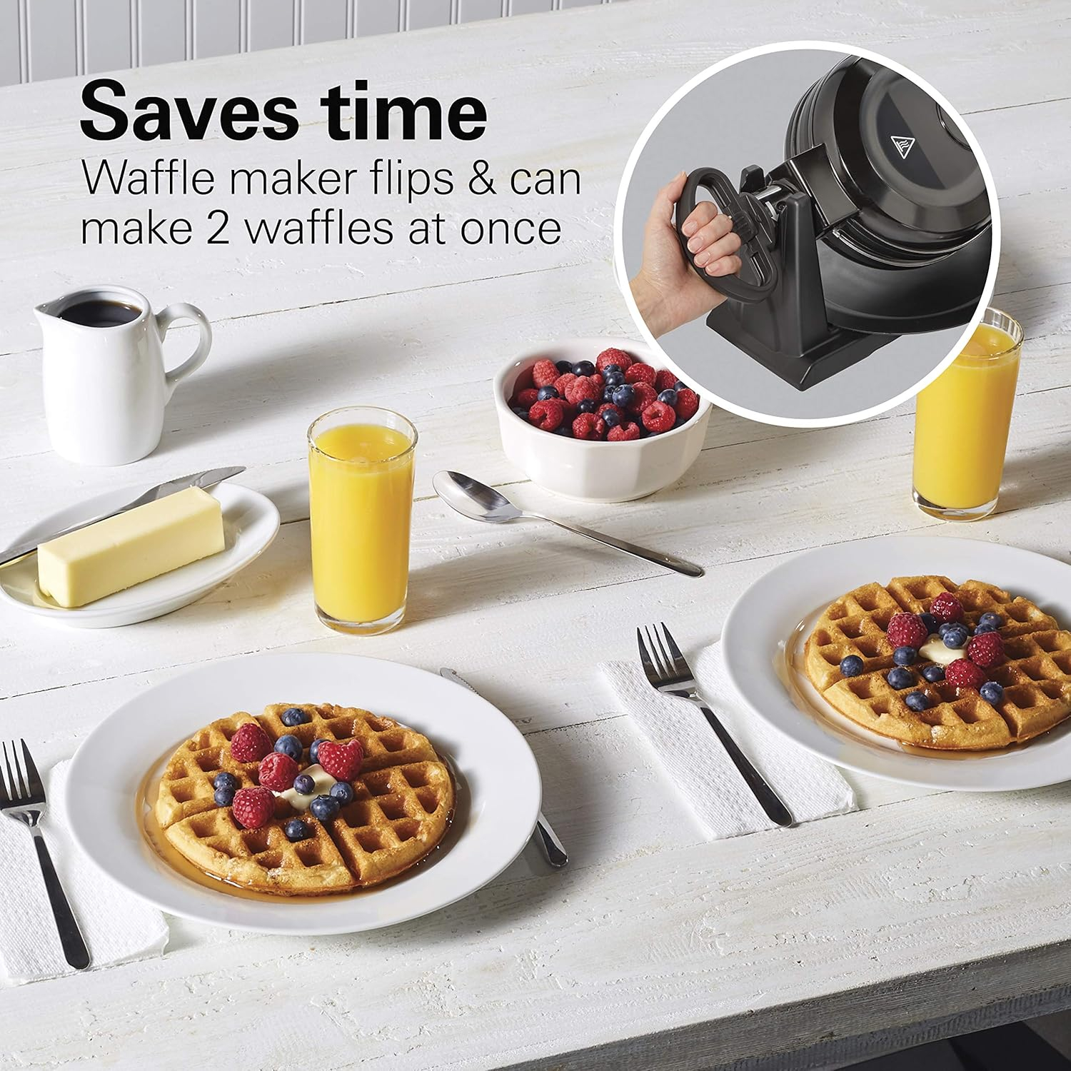 Black Double Flip Belgian Waffle Maker with Nonstick Plates