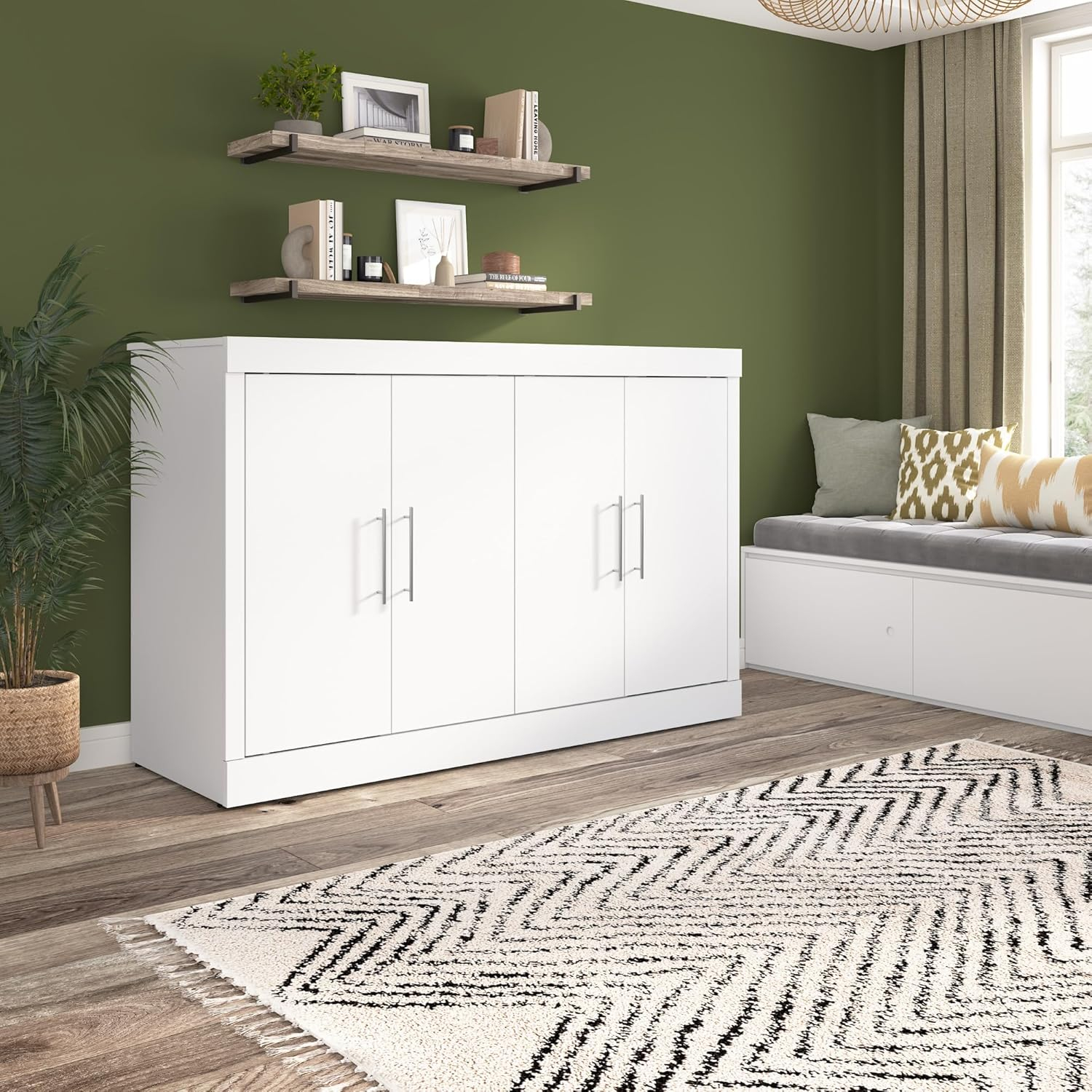 Bestar Nebula 69W Full Size Murphy Cabinet Bed with Mattress in White, 69-inch Space-Saving Sleeping Arrangement for Multipurpose Guest Room or Home Office