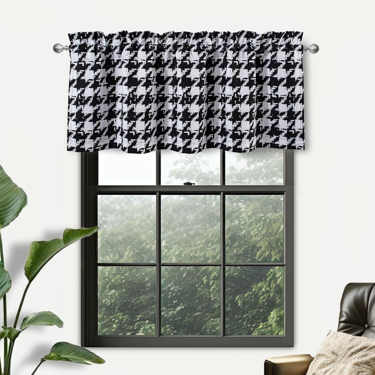 DriftAway Houndstooth Check Plaid Window Valances Black and White Farmhouse Window Treatment Decor Curtains Vintage Gingham Rod Pocket Valances for Kitchen Living Room Café Curtains 1 Panel