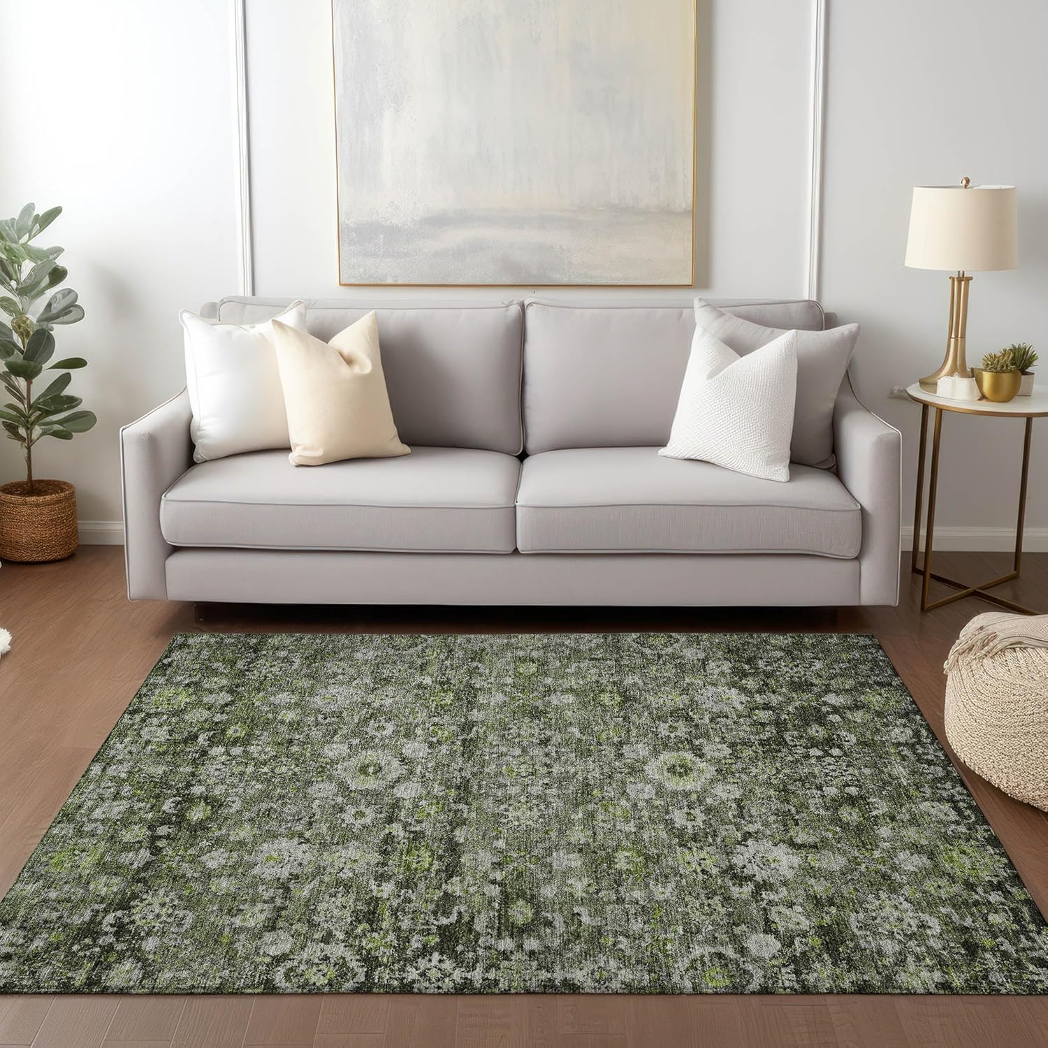 Green Synthetic Flat Woven Rectangular Washable Rug