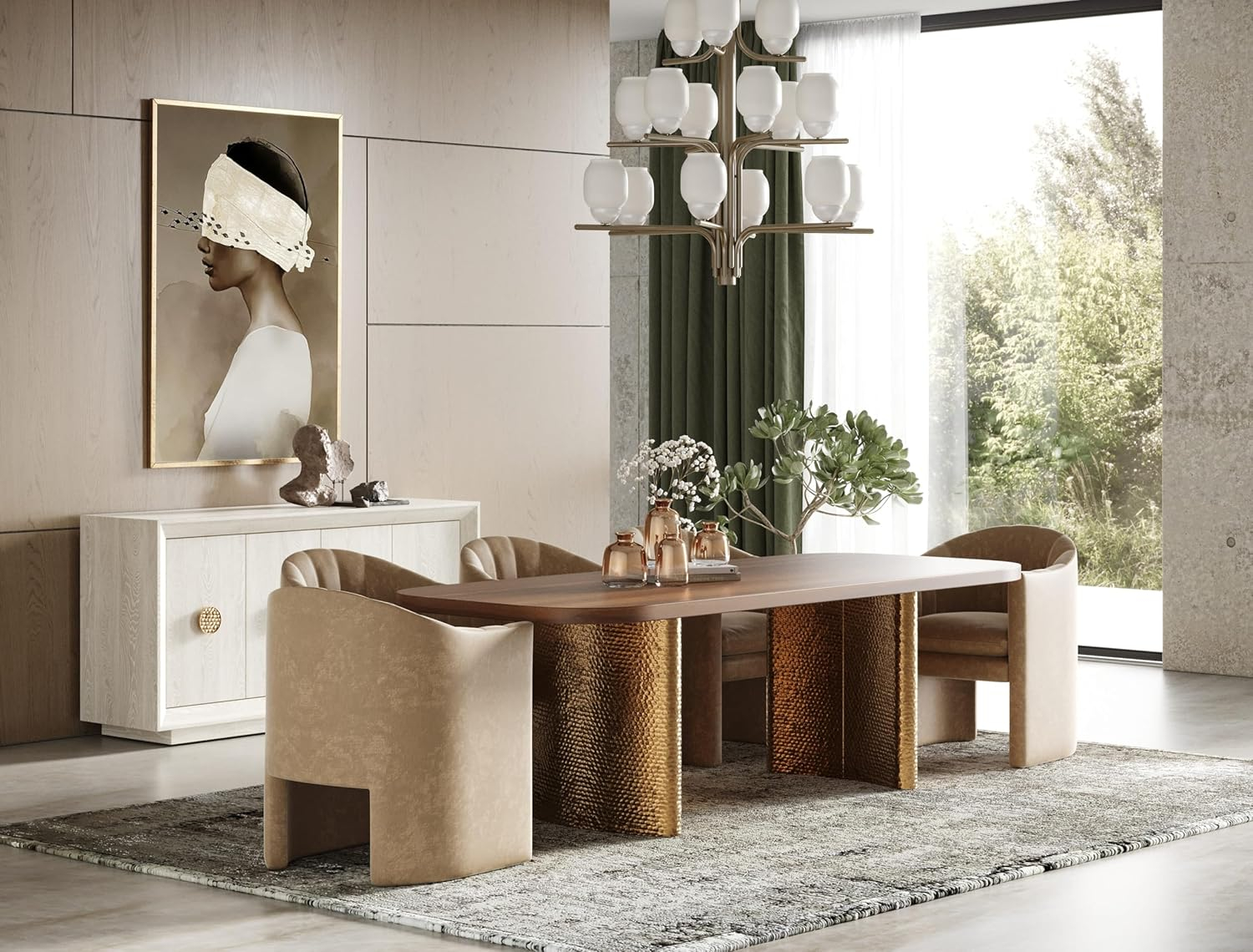 Walnut and Gold Rectangular Dining Table with Double Pedestal Base