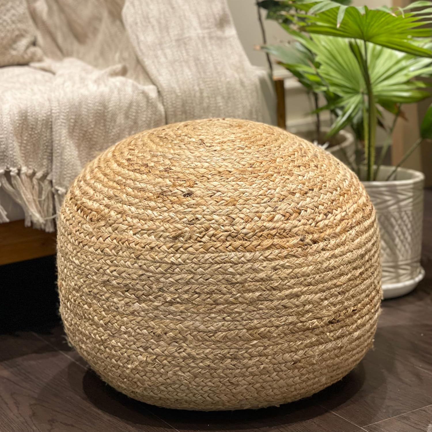 Chardin home- Natural Braided Ottoman Pouf - Cozy & Bohemian Jute/Hemp Hand Crafted Casual Seating for Home, Office, Bedroom, 18"x18"x14". (Golden Brown)