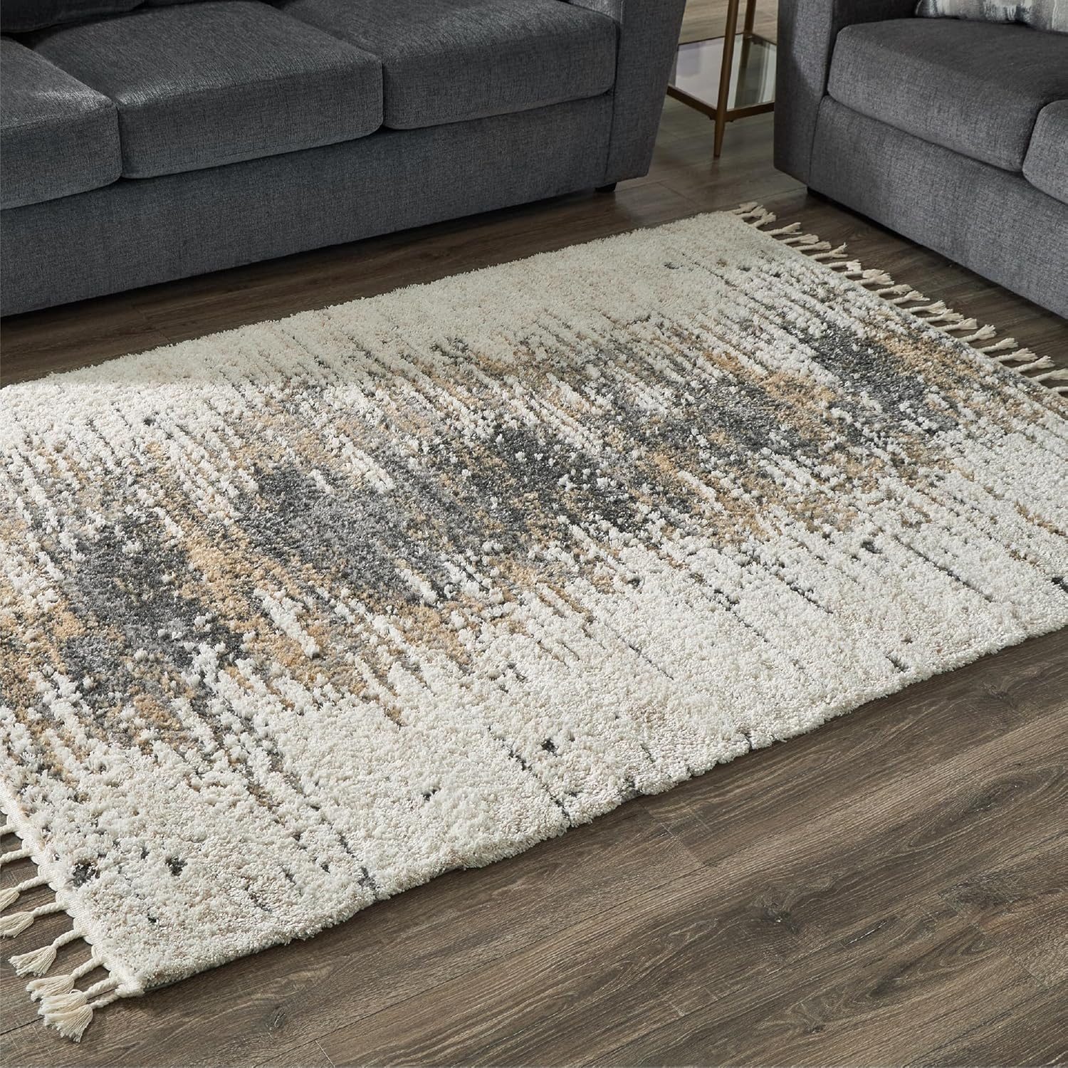 Large Cream and Gray Braided Abstract Synthetic Rug