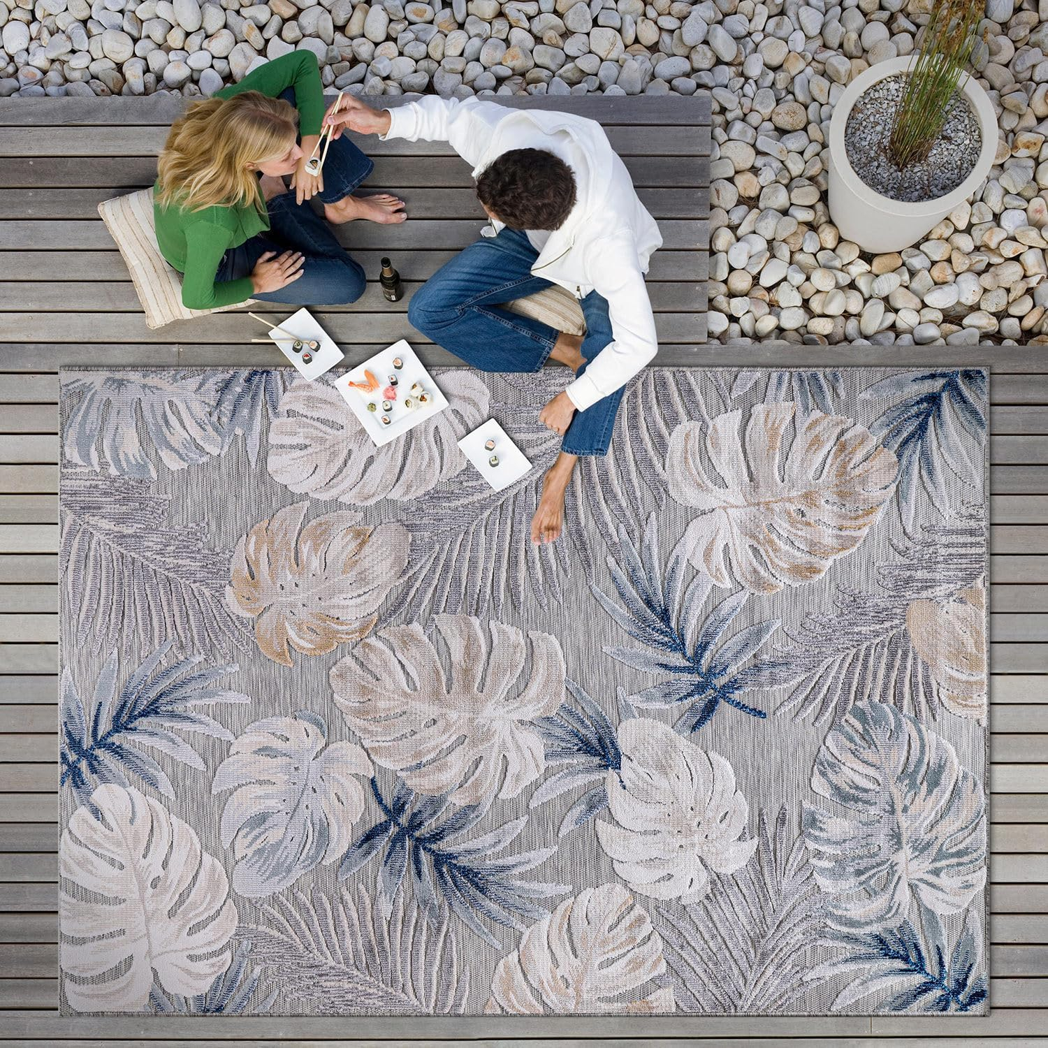 CAMILSON Spring Leaf Tropical Botanical Easy-Cleaning Non-Shedding Washable Outdoor Indoor Area Rug Blue 9x12