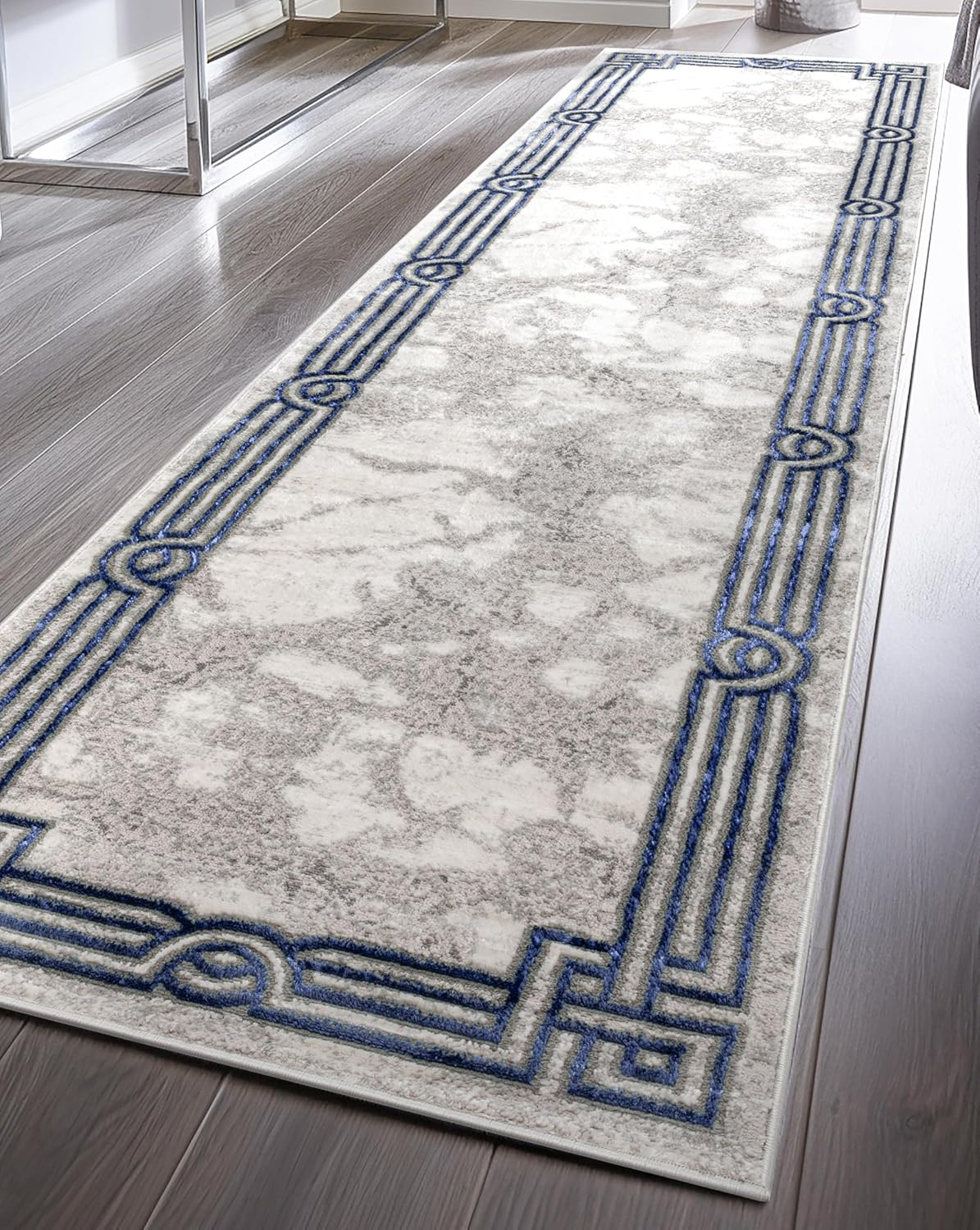 Well Woven Lezlee Abstract Modern 2'7" x 9'10" Runner Rug - Blue Marble Border - for Hallway, Entryway, Stair