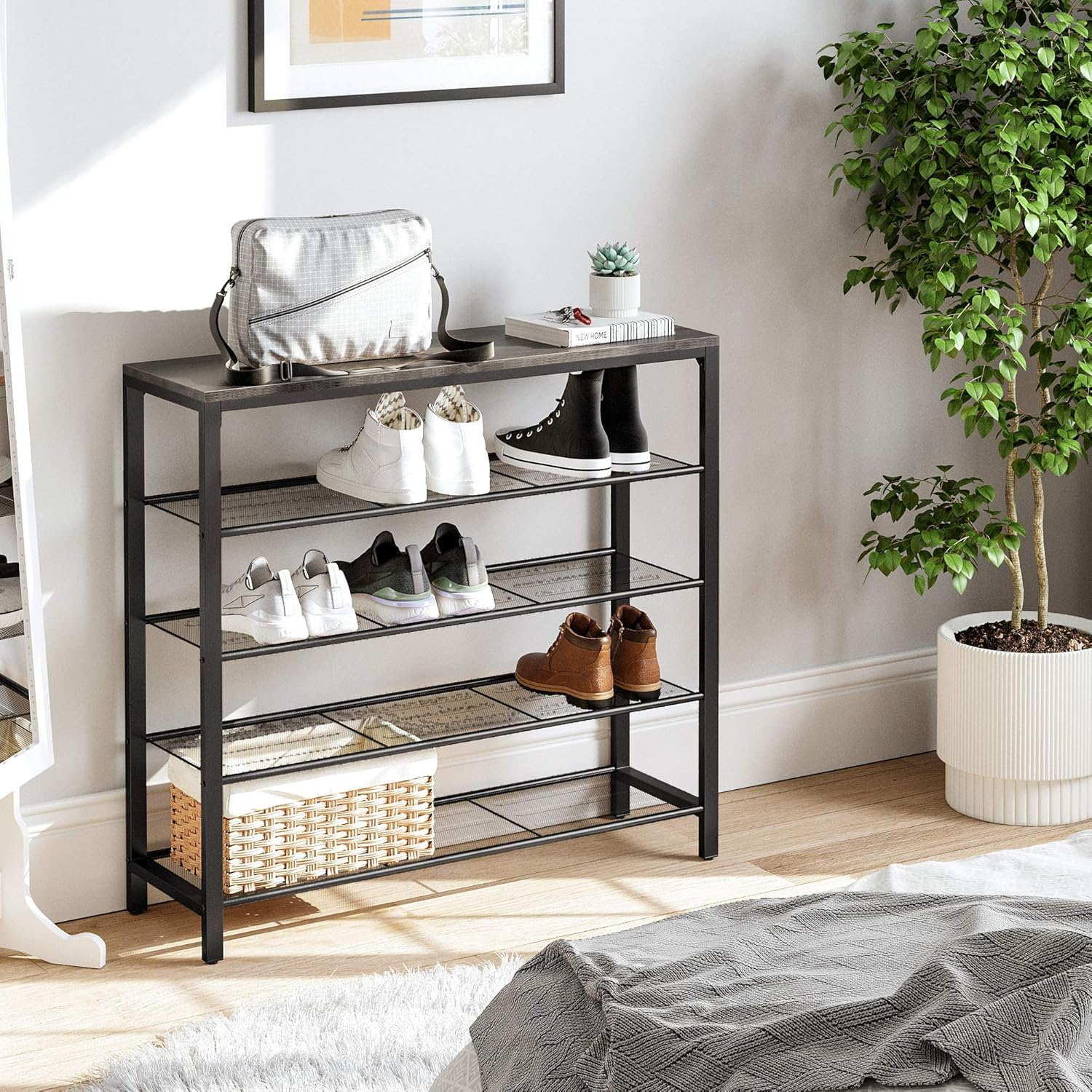 VASAGLE INDESTIC Shoe Rack, Storage Organizer with 4 Mesh Shelves and Large Surface for Bags, Shoe Shelf for Entryway Hallway Closet, Steel Frame, Industrial, Charcoal Gray and Black ULBS015B04