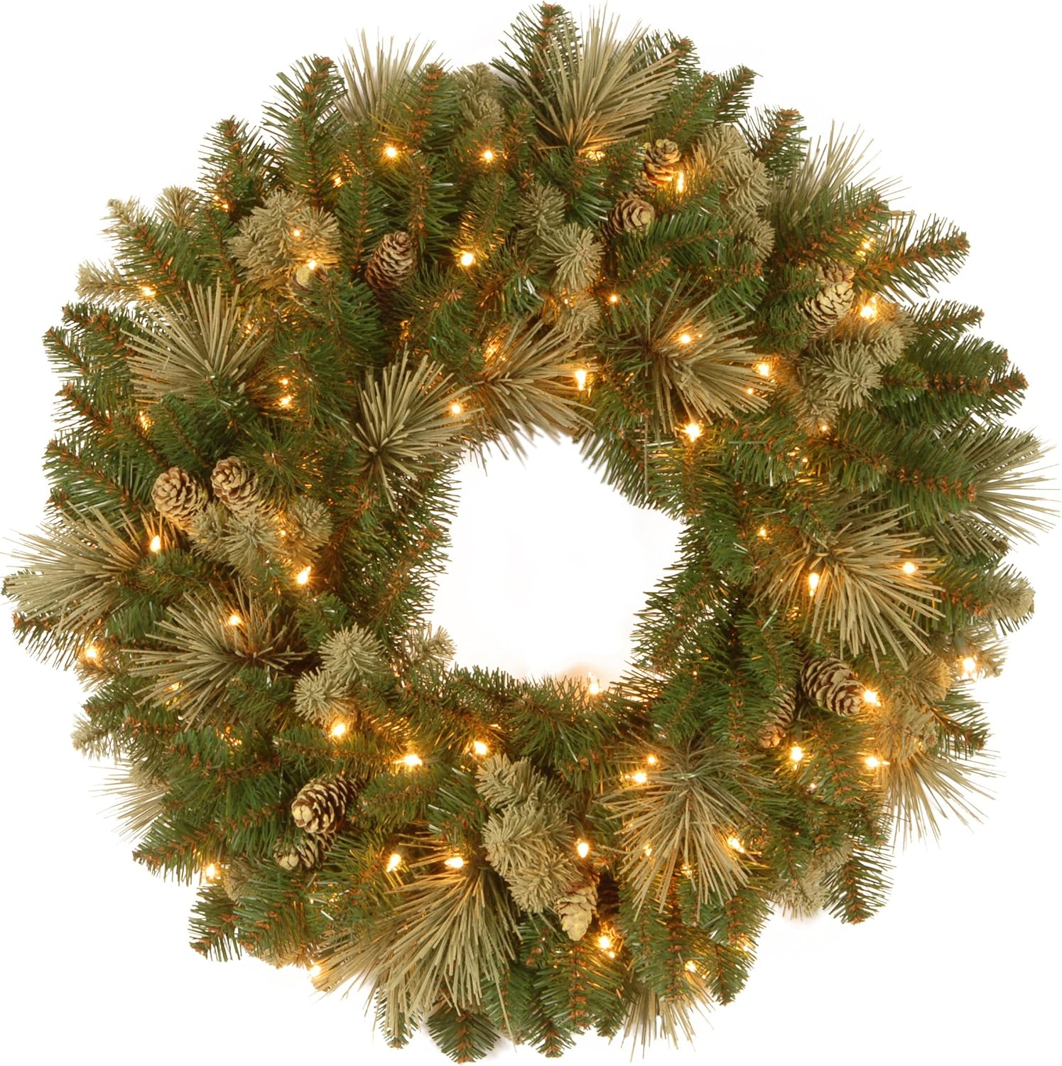 National Tree Company Pre-Lit Artificial Christmas Wreath, Green, Carolina Pine, White Lights, Decorated with Pine Cones, Christmas Collection, 24 Inches