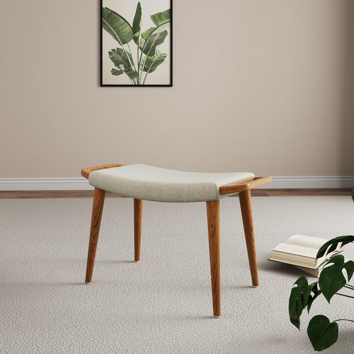 Manhattan Comfort Geta Linen Fabric/Wood Ottoman in Barley Cream/Antique Walnut