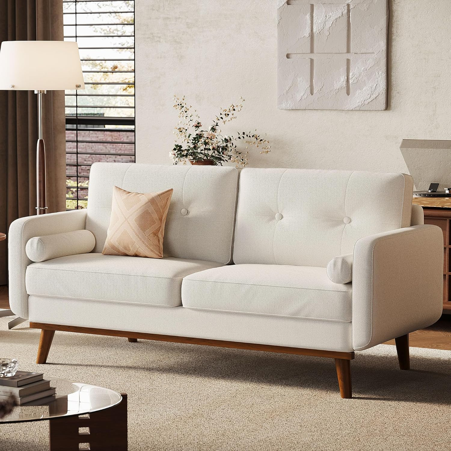 Beige Linen Upholstered Mid Century Modern Loveseat Sofa
