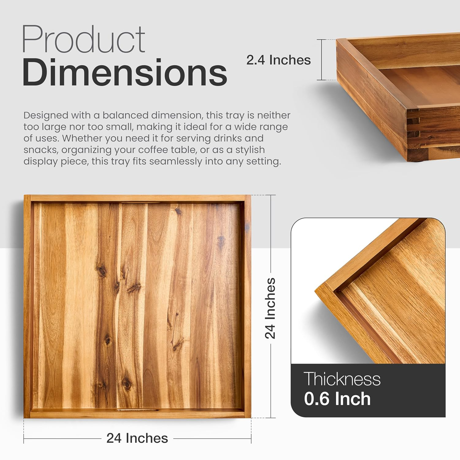 24 Inch Acacia Wood Ottoman Tray - Wooden Square Serving Tray with Handles - Extra Large Food Serving Trays for Decorative, Coffee Table, Breakfast in Bed - Charcuterie Trays Use for Kitchen