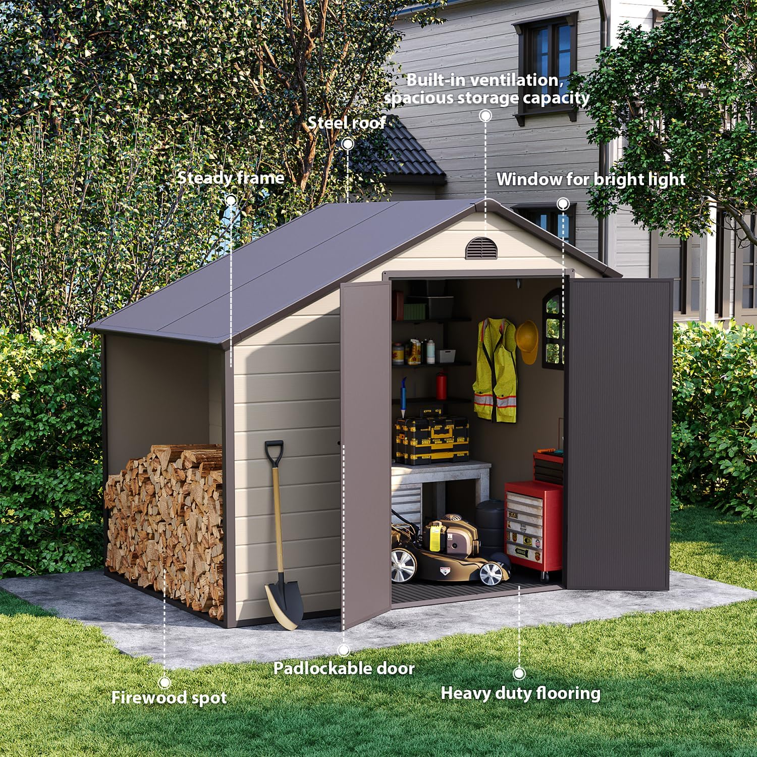 Outdoor Storage Shed 8.5x6.3 ft, Resin Storage Shed & Firewood Rack, Patio Storage Sheds Outdoor with Floor, Lockable Door, Airflow Vent, Multi-Purpose Storage Shed Room for Backyard, Garden, Lawn