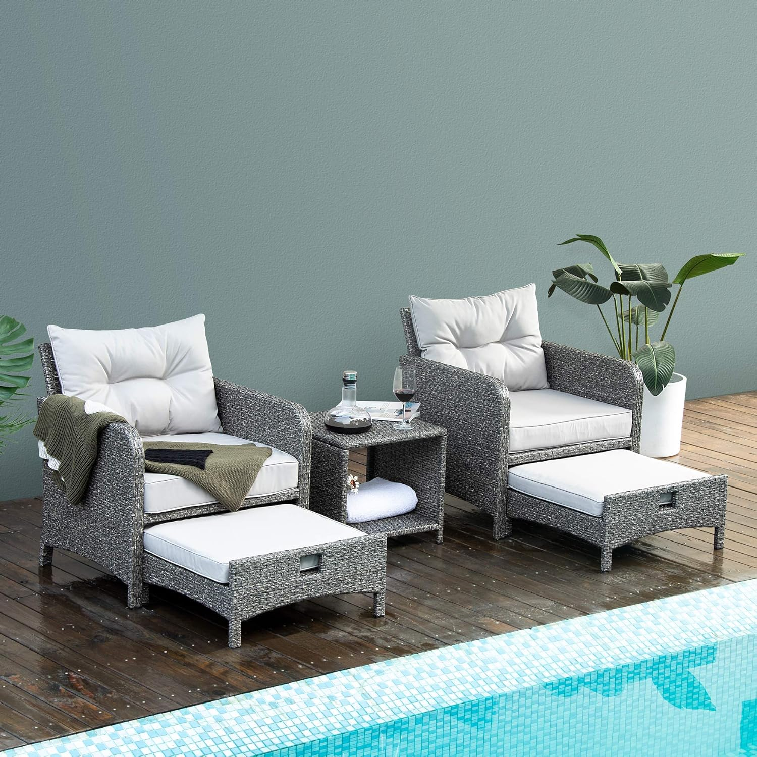 Pamapic 5 Pieces Outdoor Patio Wicker Chairs Set with Ottoman Outside Conversation Furniture Set with Cushions and Coffee for Balcony Porch Lawn Garden Table(Grey Cushion+Light Grey Rattan)
