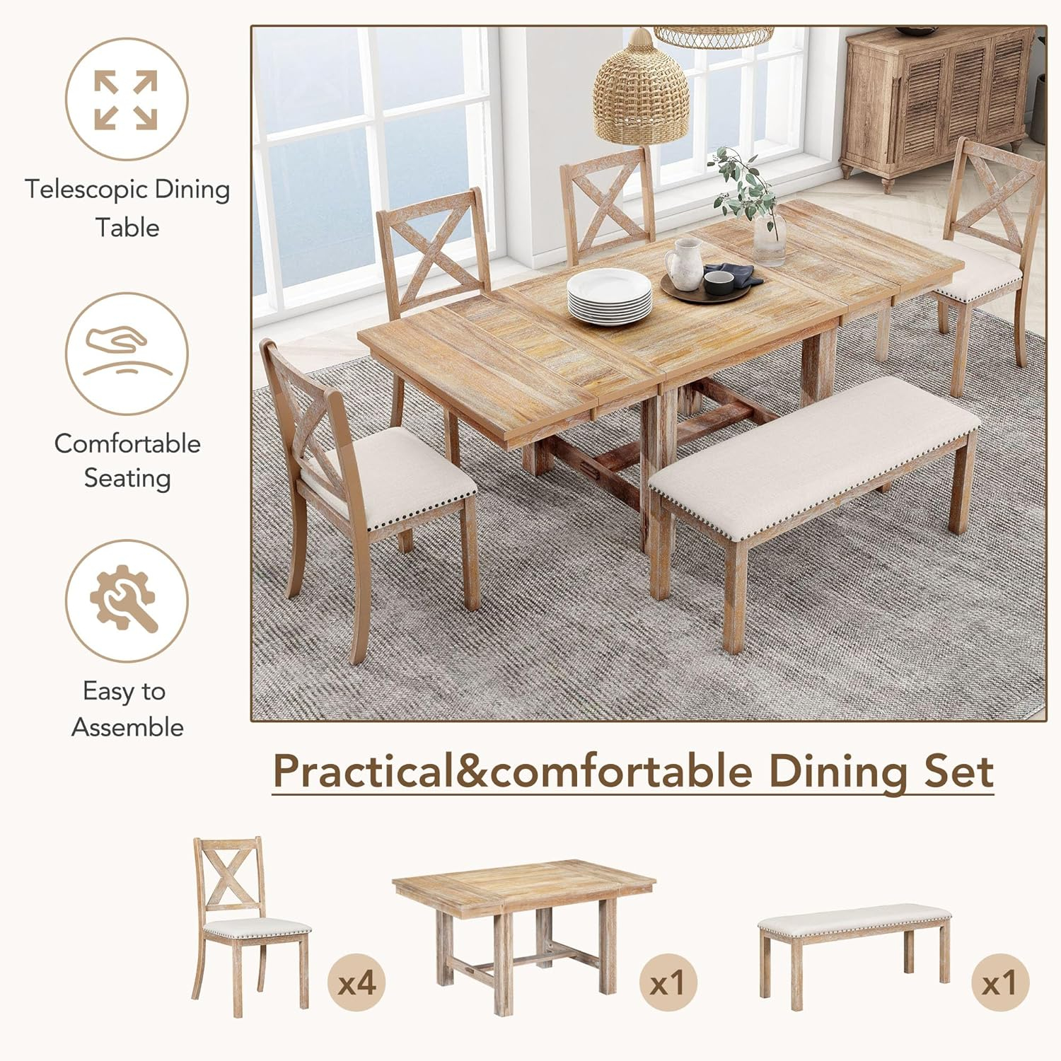 Natural Acacia Wood Extendable Dining Table Set with Beige Upholstered Chairs and Bench
