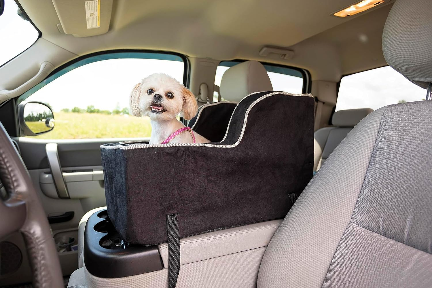 Snoozer Large High Back Console Dog Car Seat Travel Dog Bed Carrier for Dogs up to 12lbs, Provides Safe Pet Travel with Dog Car Seat Belt Harness Strap, Removable Machine Washable Merlin Linen Cover