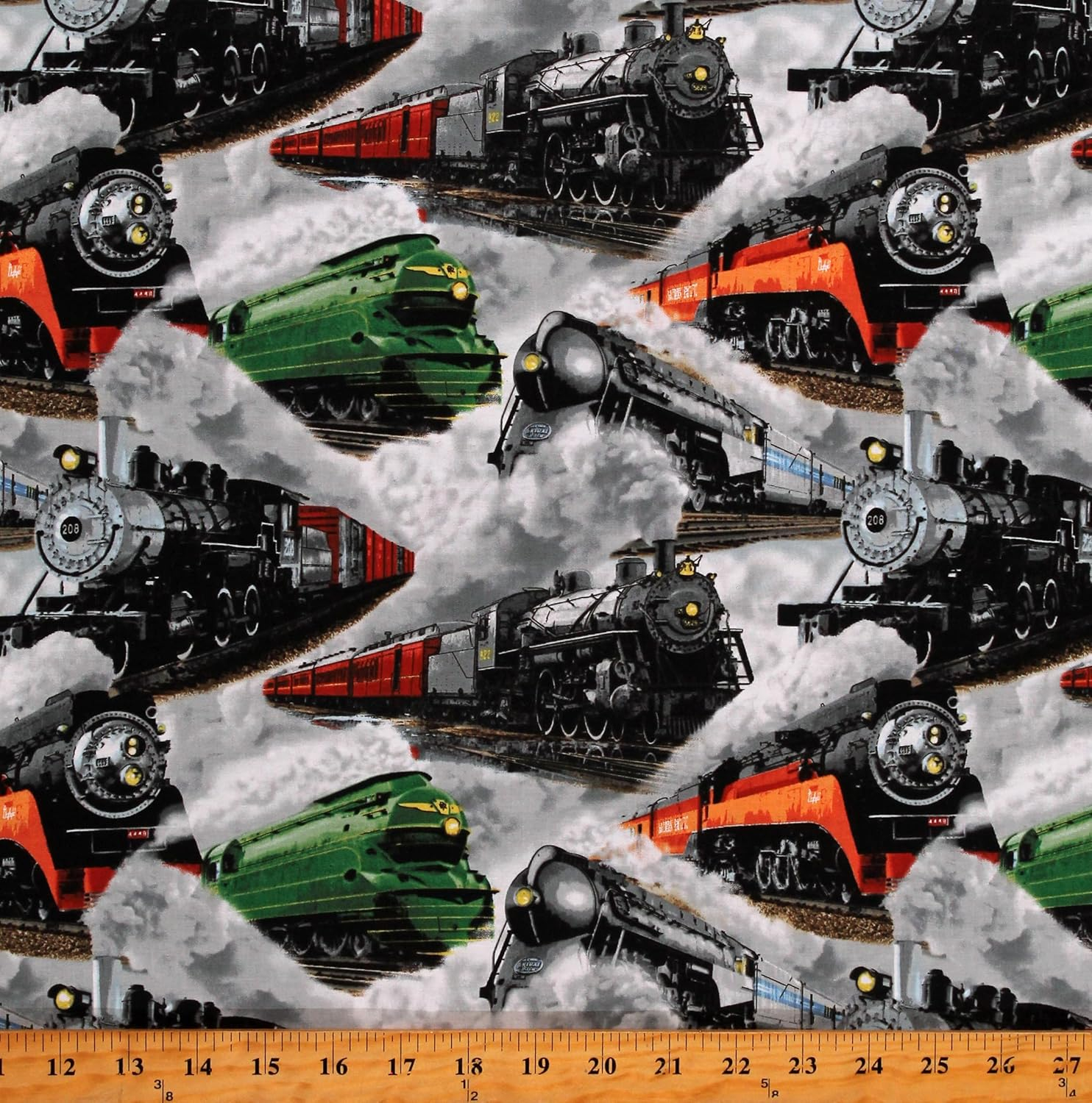 Cotton On The Right Track Trains Railroads Smoke Engines Transportation Grey Cotton Fabric Print by The Yard (B-3075-90), 44 Inches