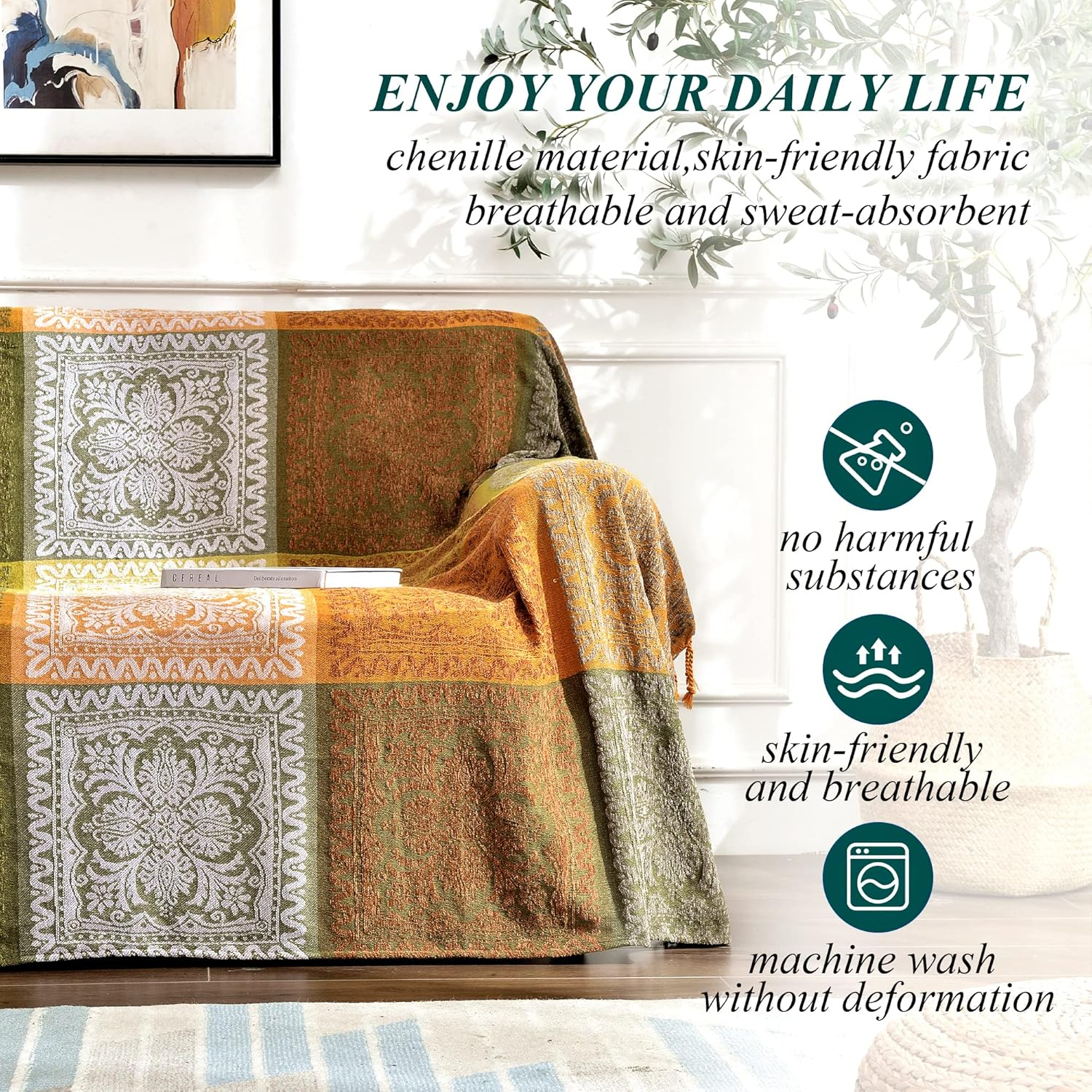 Boho Throw Blanket, Bohemian Tassels Throw Blankets for Bed Couch Soft Chair， Chenille Fringe Tassels ( Green, Large 86*102Inches)