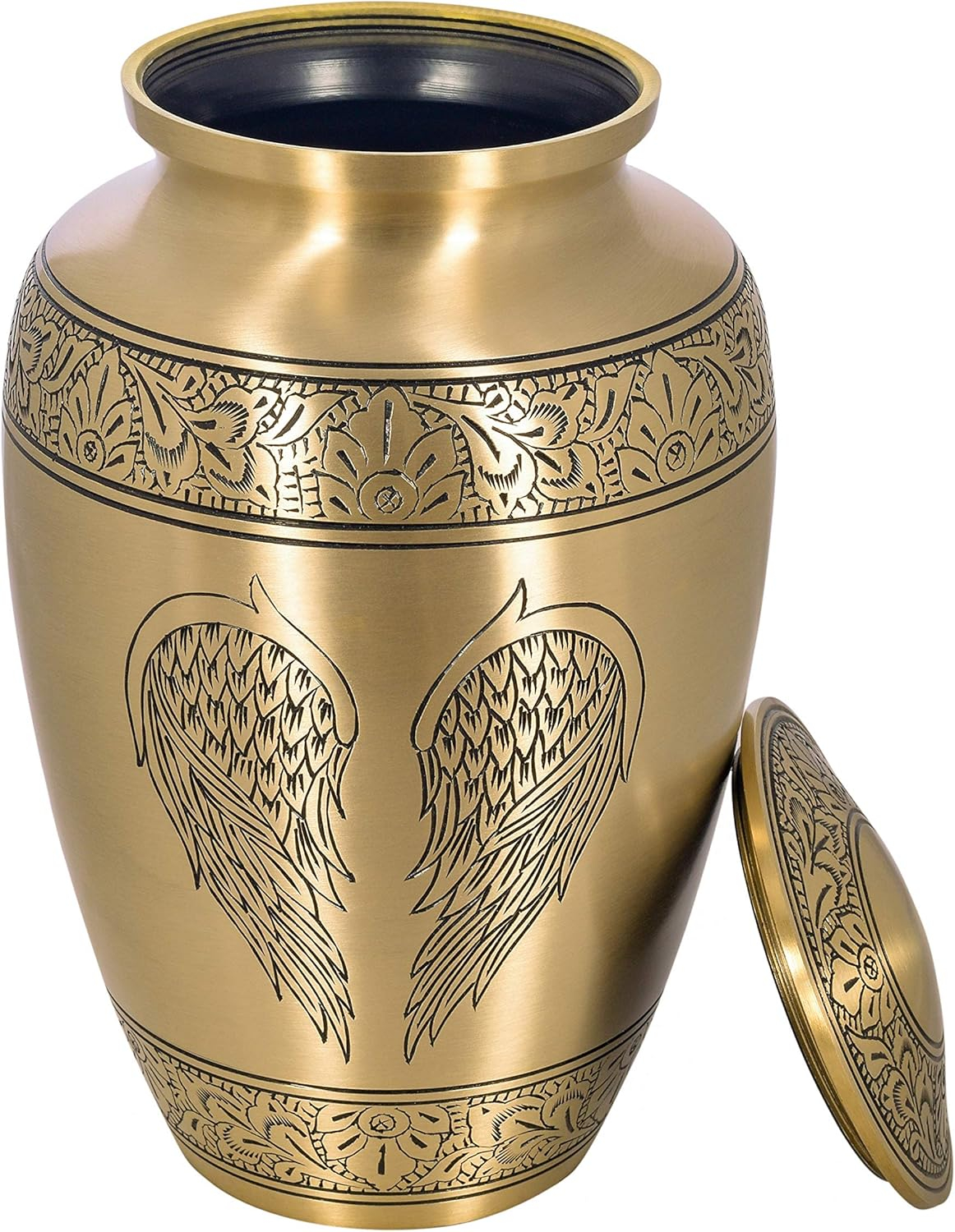 Cremation Urn for Human Ashes with Satin Bag, for Adults up to 200 lbs | Large Handcrafted Funeral Urns by Divit Shilp (Golden Angel Wings, Adult)