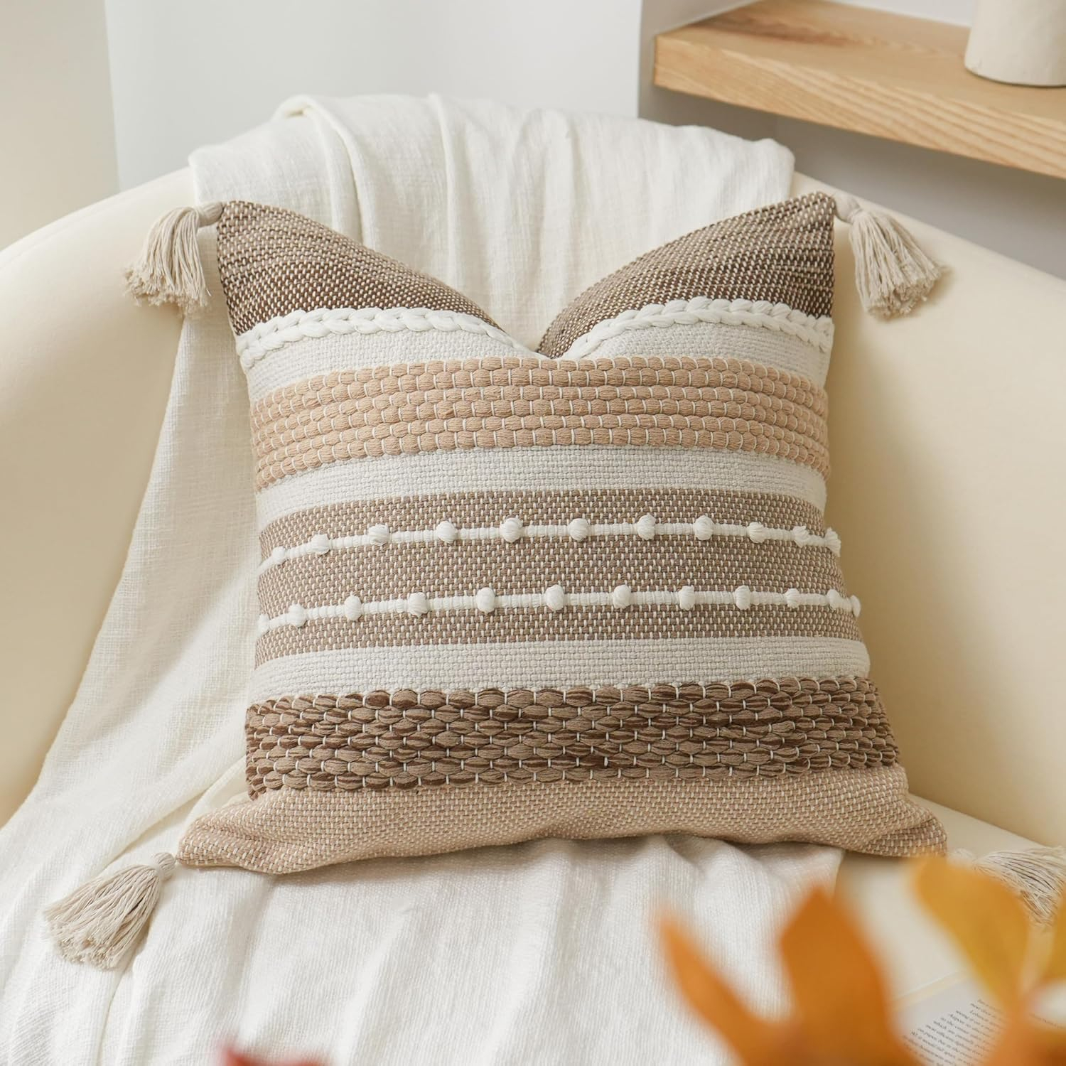 Rust Red Boho Decorative Throw Pillow Cover 20x20 Square Accent Pillowcase Tassels Farmhouse Cushion for Couch Sofa Bedroom Living Room Home Décor Cover ONLY (Pack of 1)