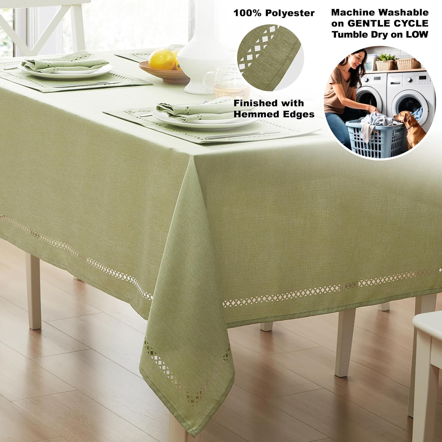 Newbridge Fabric Rectangle Tablecloth, 60 x 144 Inch, Provence Lattice Cutwork Solid Color Textured, Water and Stain Resistant Easy Care Fabric Table Cloth for Spring Parties, Sage Green