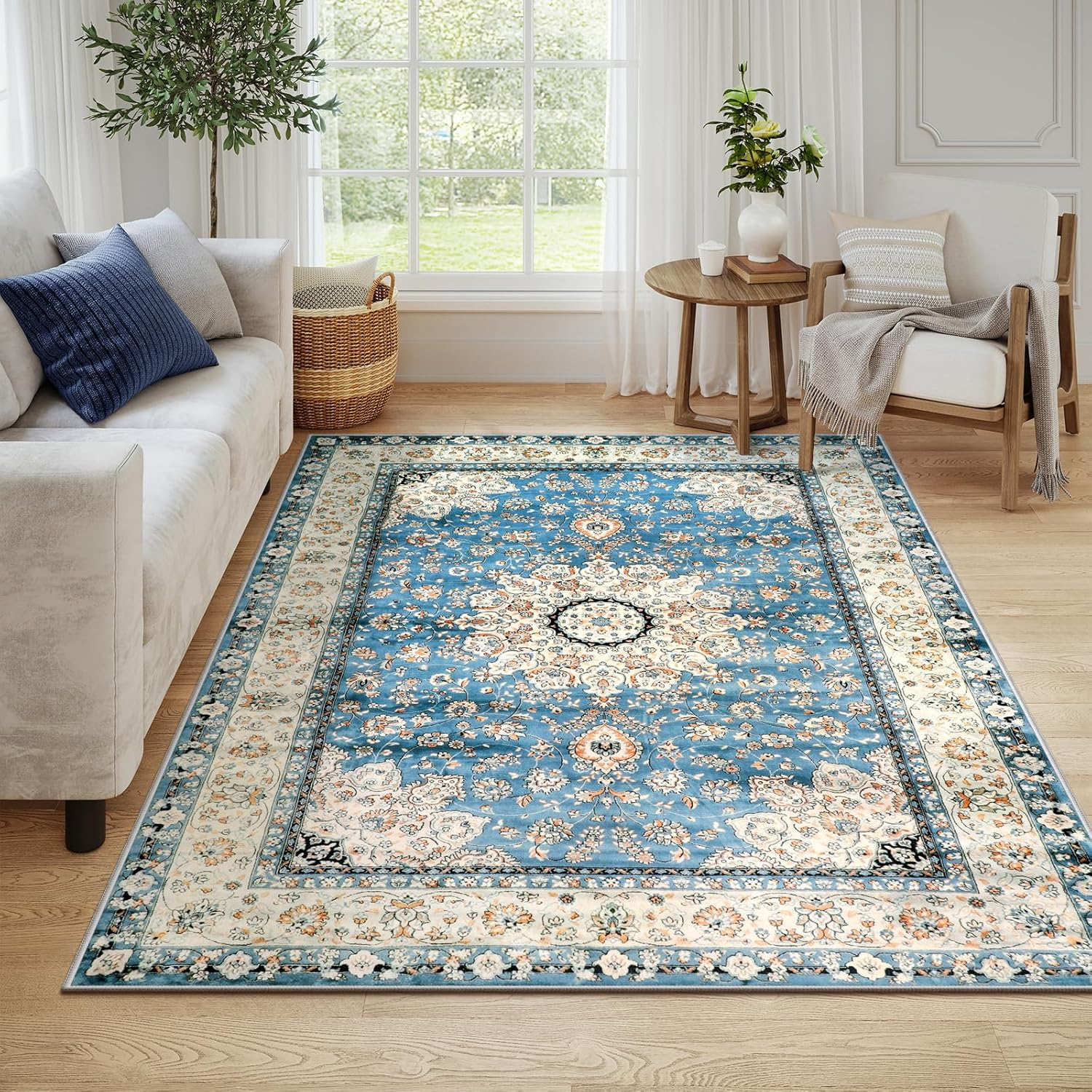 Lahome Area Rugs for Living Room 6'x9' Washable Oriental Floral Medallion Rug Indoor Printed Carpet Non Slip Mat for Dining Bedroom Office Dorm Classroom, Blue