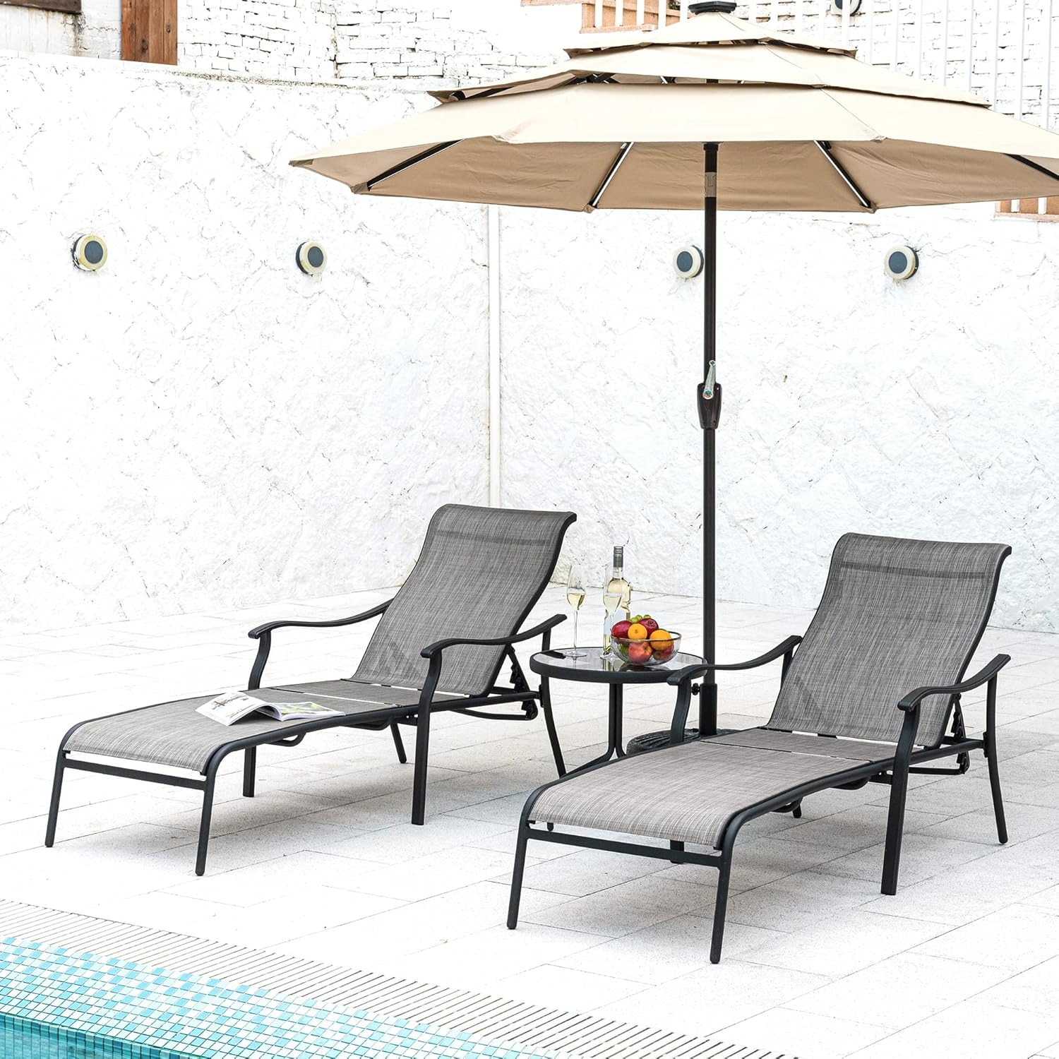 HAPPATIO Patio Chaise Lounge Set 3 Pieces,Patio Lounge Chair with Glass Coffee Table,Pool Lounge Chair with Breathable Textilene Fabric,Patio Chaise Lounge for Patio Backyard Poolside(Gray)