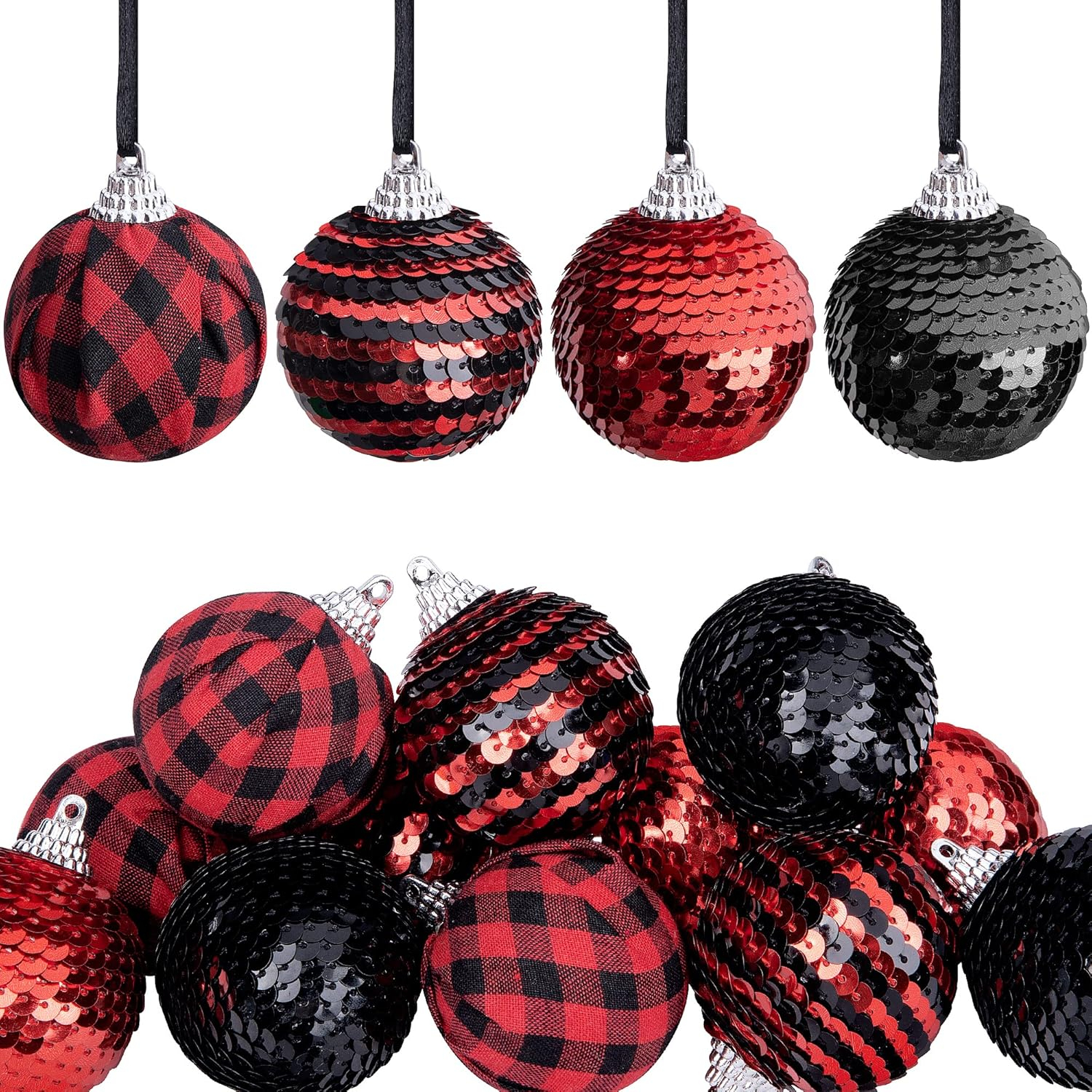12pcs Black and Red Sequin Balls,1.96" Christmas Buffalo Plaid Hanging Balls,Shatterproof Xmas Checkered Tree Ornaments for Party Home Decor