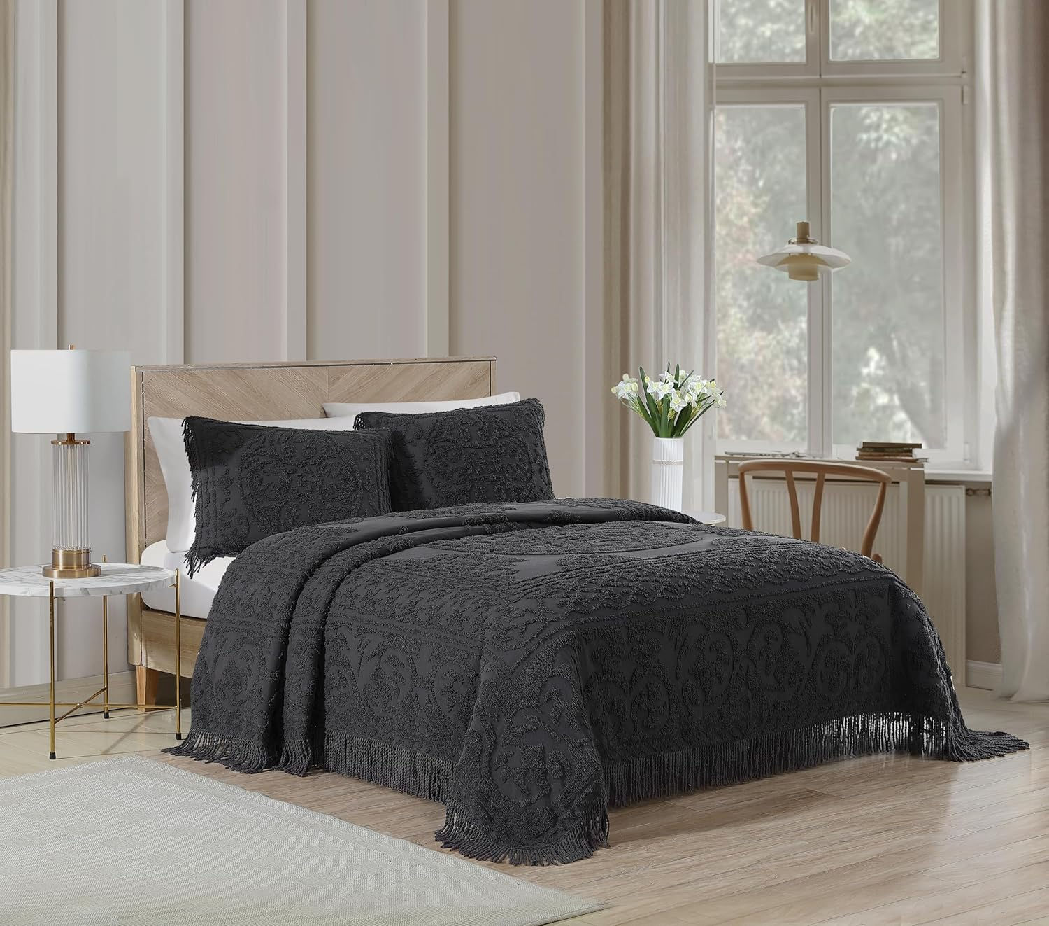 Collections Etc Luxurious Medallion Chenille Fringe Border Pillow Sham Standard Sham - Charcoal