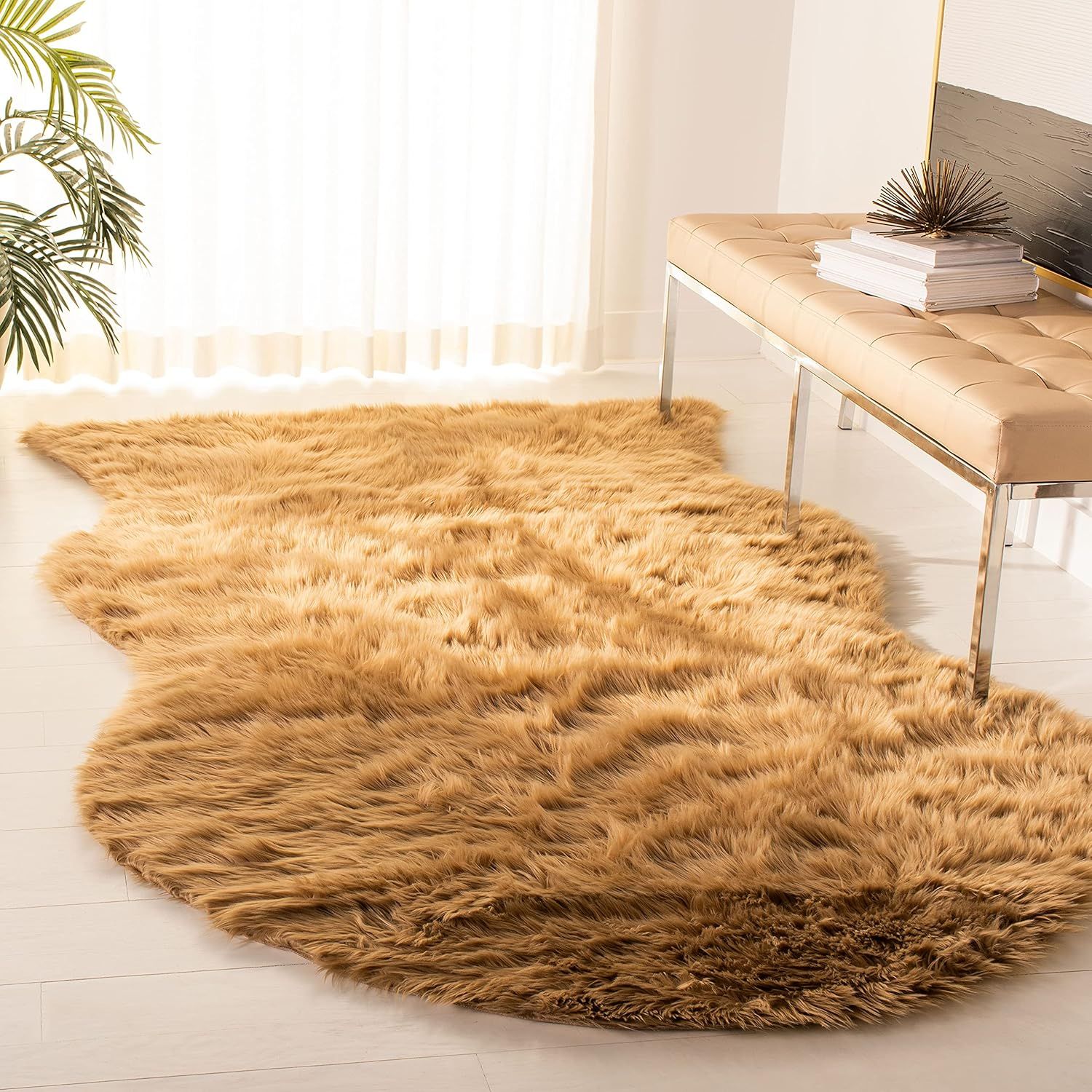 SAFAVIEH Faux Sheep Skin Jadyn Animal Area Rug, Camel, 3' x 5'