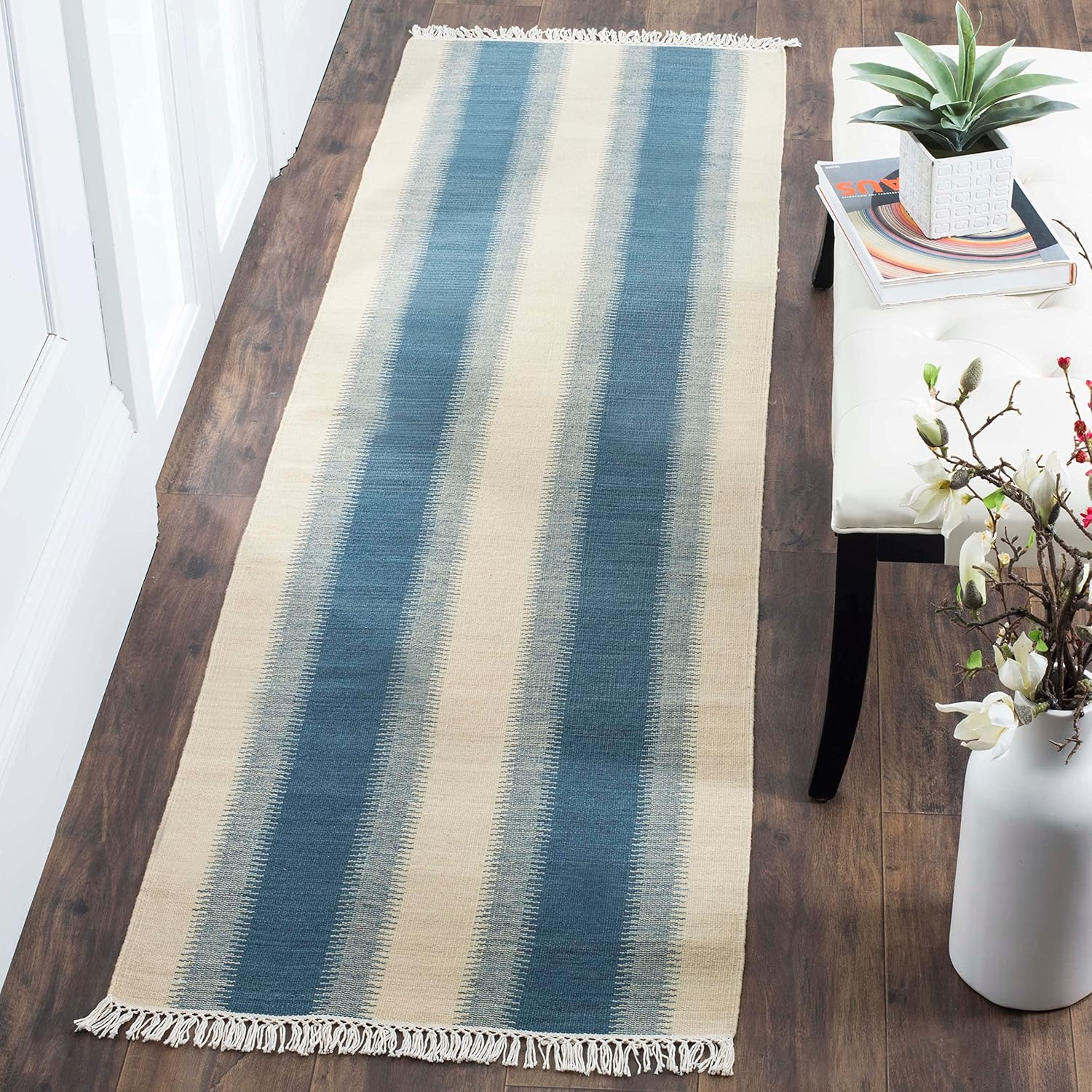 SAFAVIEH Kilim Colten Solid Striped Wool Area Rug, Blue/Ivory, 8' x 10'