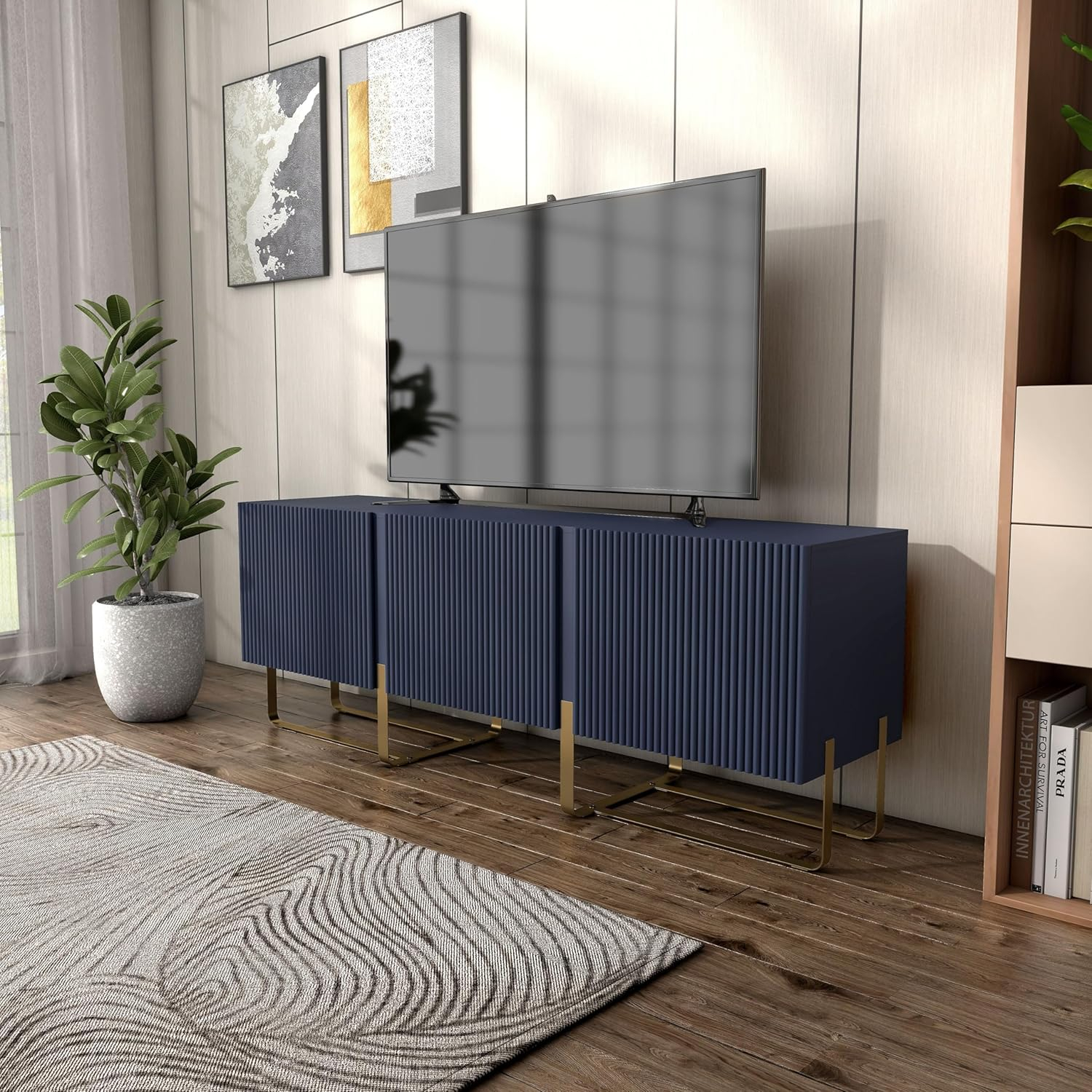 Denhour DH BASIC Modern 60-inch 3-Door Storage TV Stand by  Indigo Blue/Gold