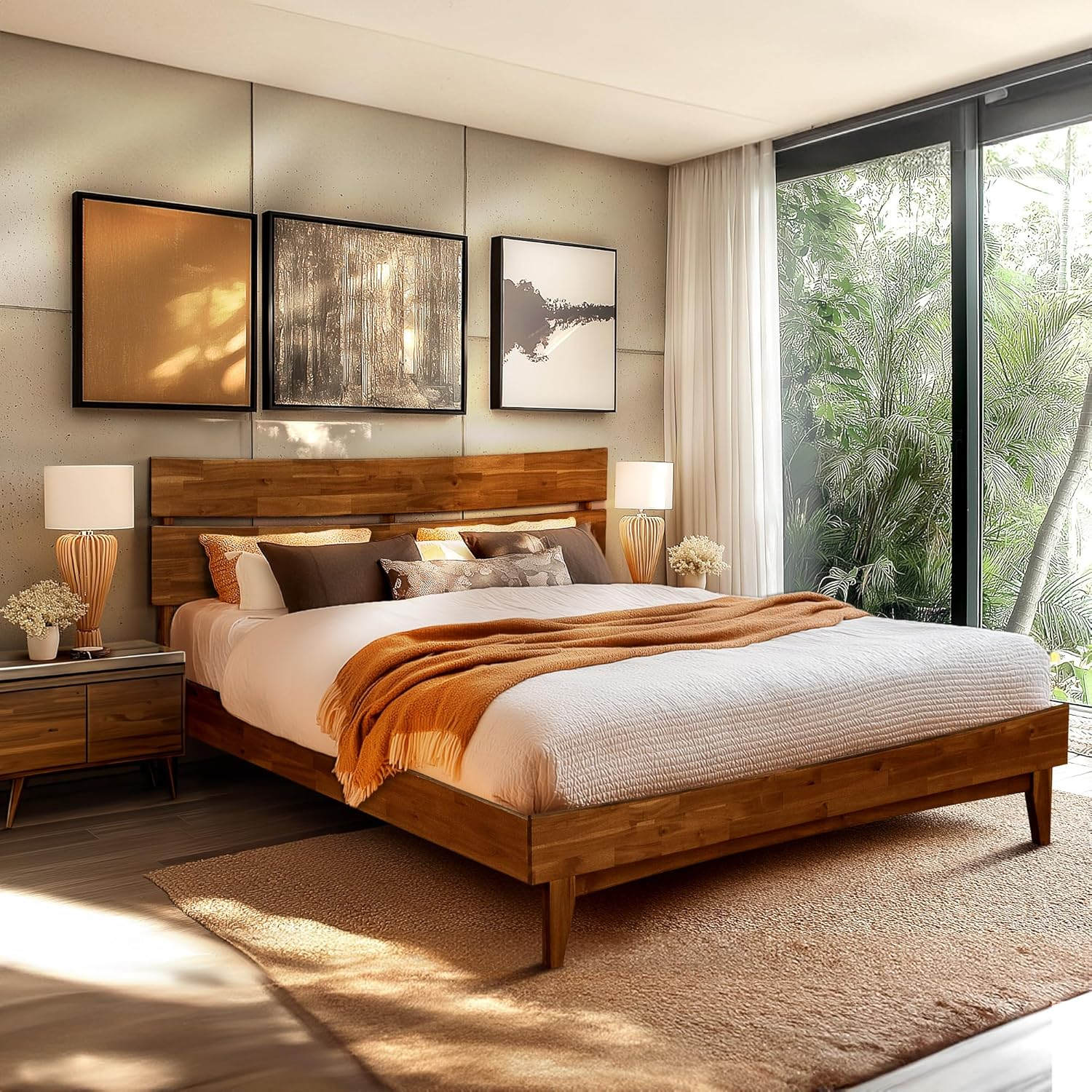 Acacia Acacia Bed Frame with Headboard Solid Wood Platform Bed