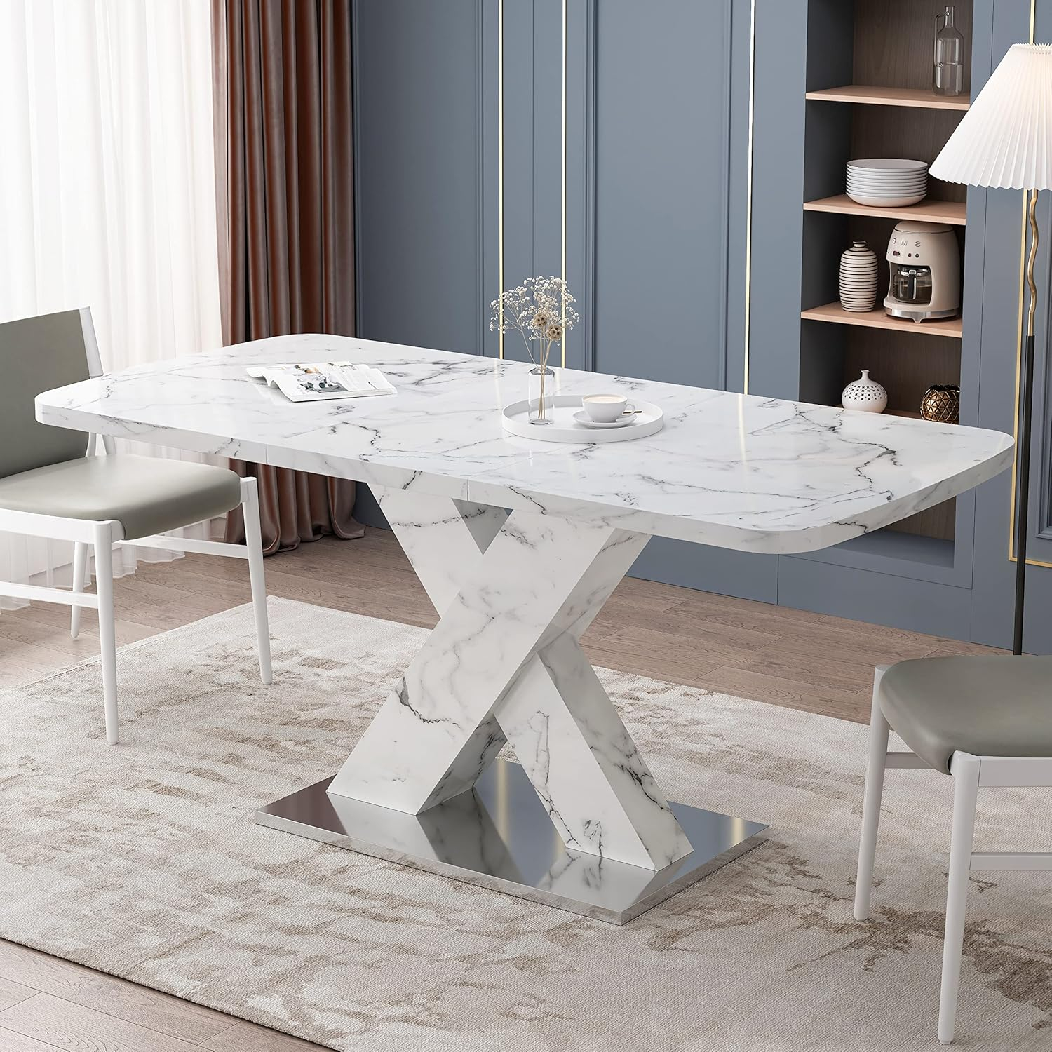 Extendable Dining Table for 4-6 People, Expandable 47-63 Inch Modern White Faux Marble Dining Room Table with MDF Table Top X-Shape Table Leg Metal Base (White Top, White Leg)