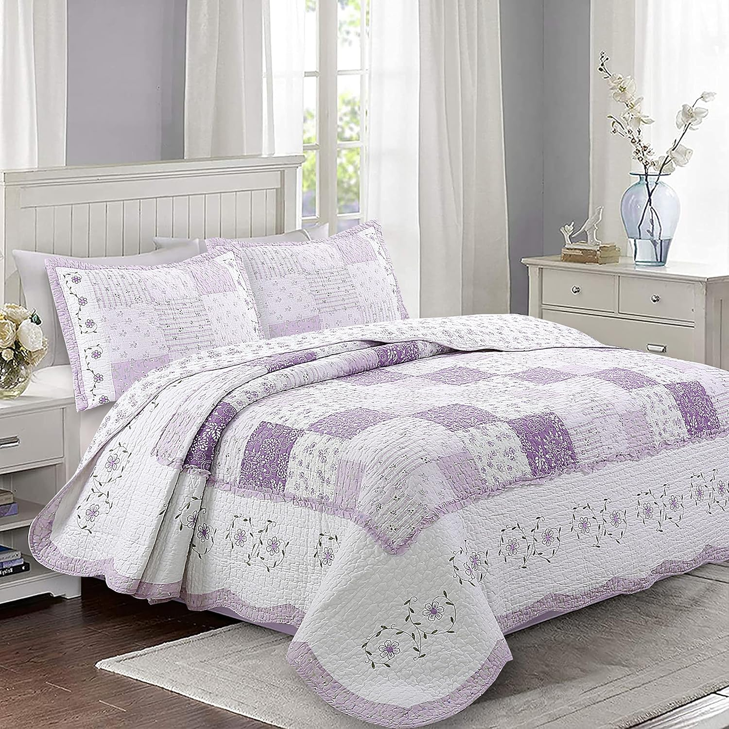 Cozy Line Amor por la Colcha de Algodón de Patchwork Lila, Doble, Reversible, 68 X 86 Pulgadas (2 Unidades)