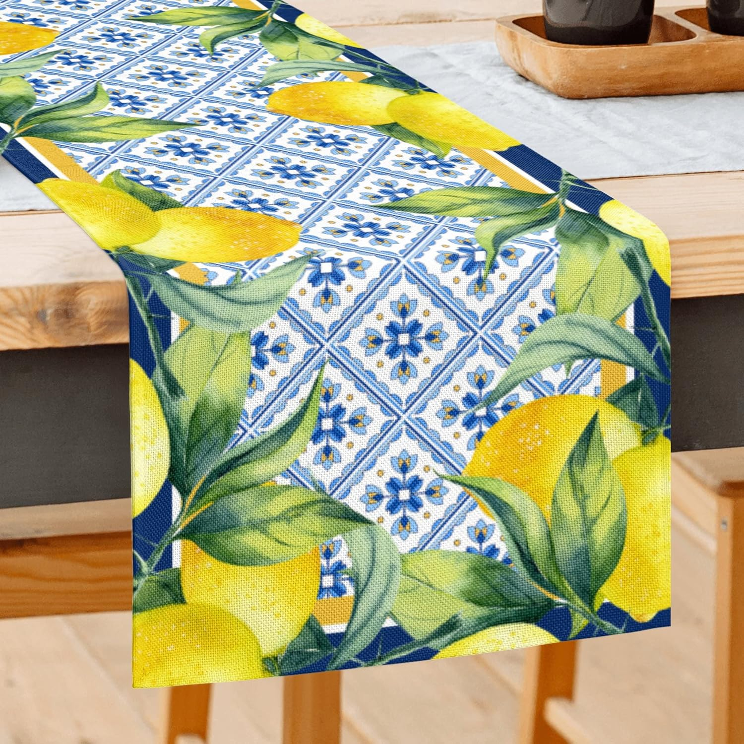 Jbralid Lemon Table Runner Spring Summer Seasonal Yellow Blue Table Runners Farmhouse Kitchen Dining Table Decoration for Indoor Outdoor Home Decor 13x72 Inch