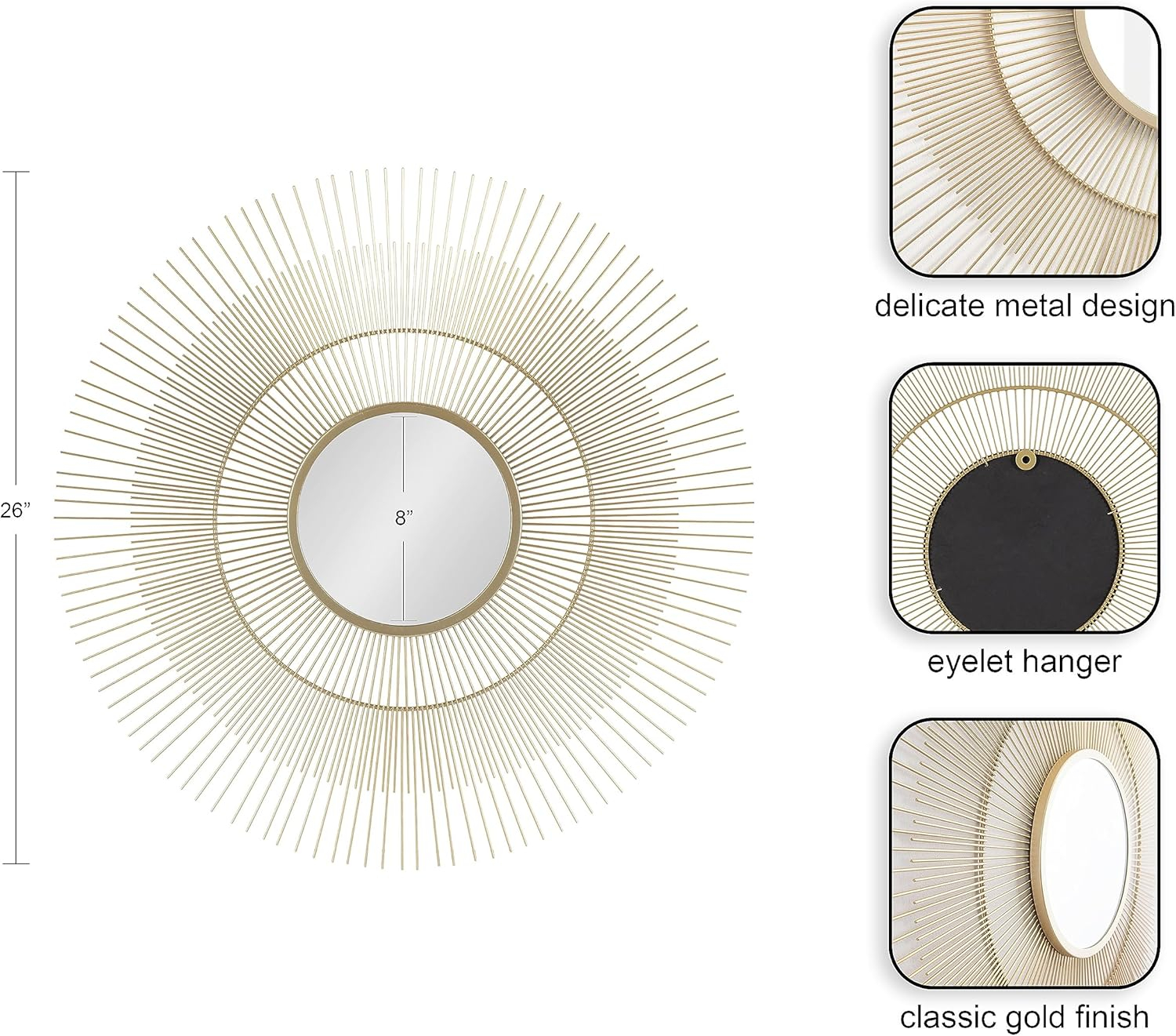 Kate and Laurel Quillet Mid-Century Round Decorative Wall Mirror, 26 Inch Diameter, Gold, Metal Circle Statement Piece Mirror with Detailed Sunburst Frame