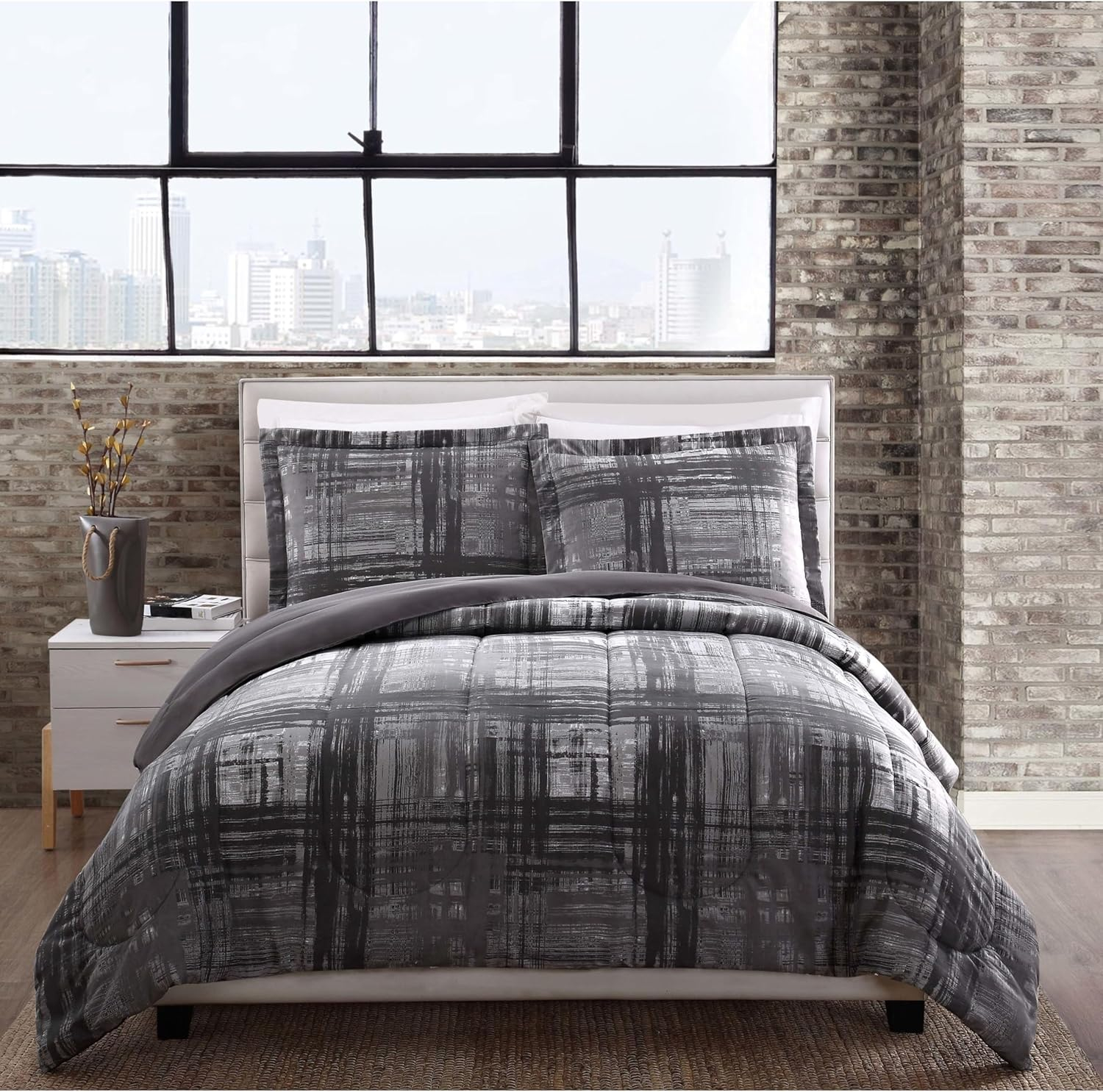 Style 212 Camden Plaid King Comforter Set 3-Piece Gray/White Abstract Bedding Sets, King