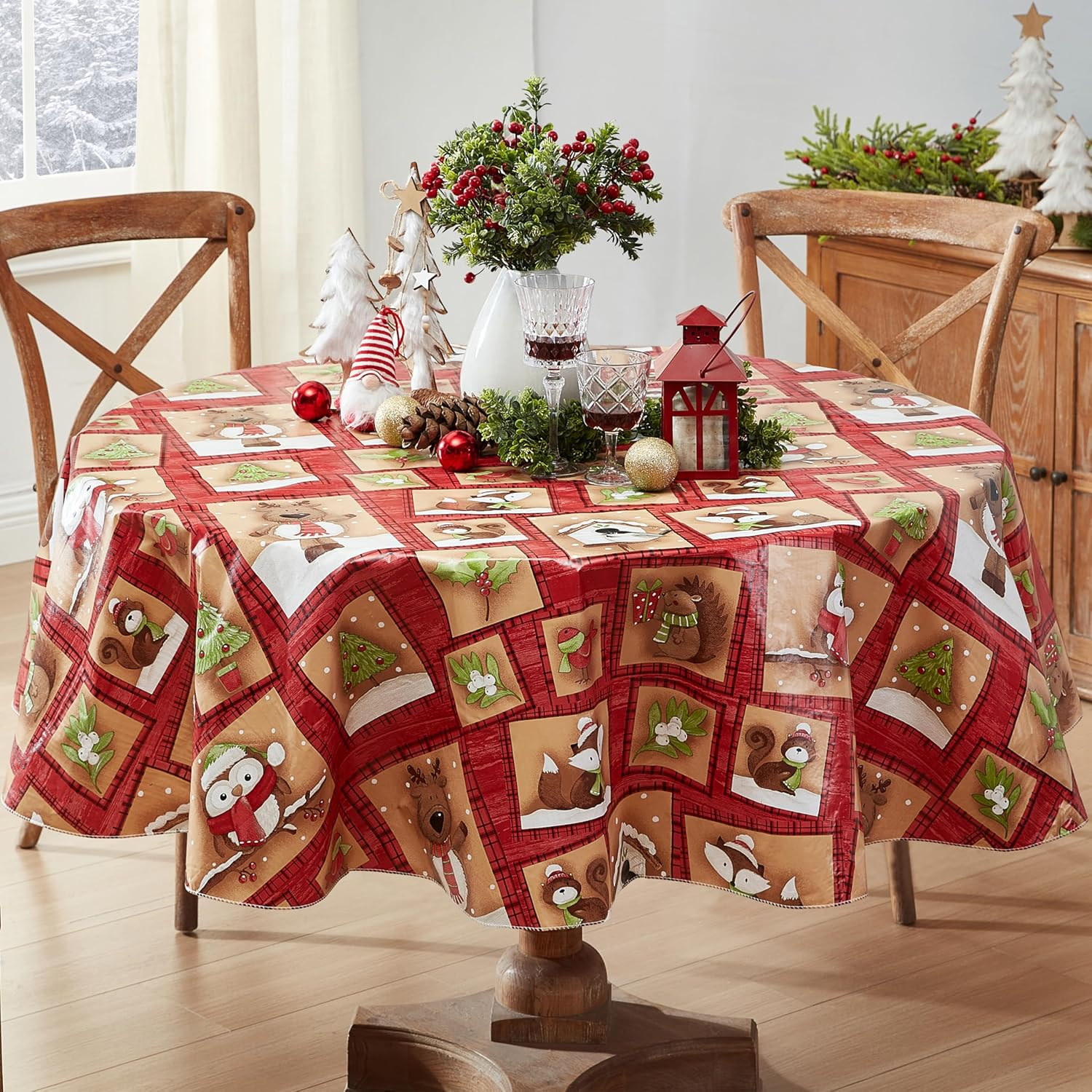 Newbridge Holiday Forest Friends Cottage Style Flannel Back Vinyl Christmas Tablecloth - Adorable Forest Animal Print Wipe Clean Easy Care Kitchen, Dining Room Tablecloth, 70” Round