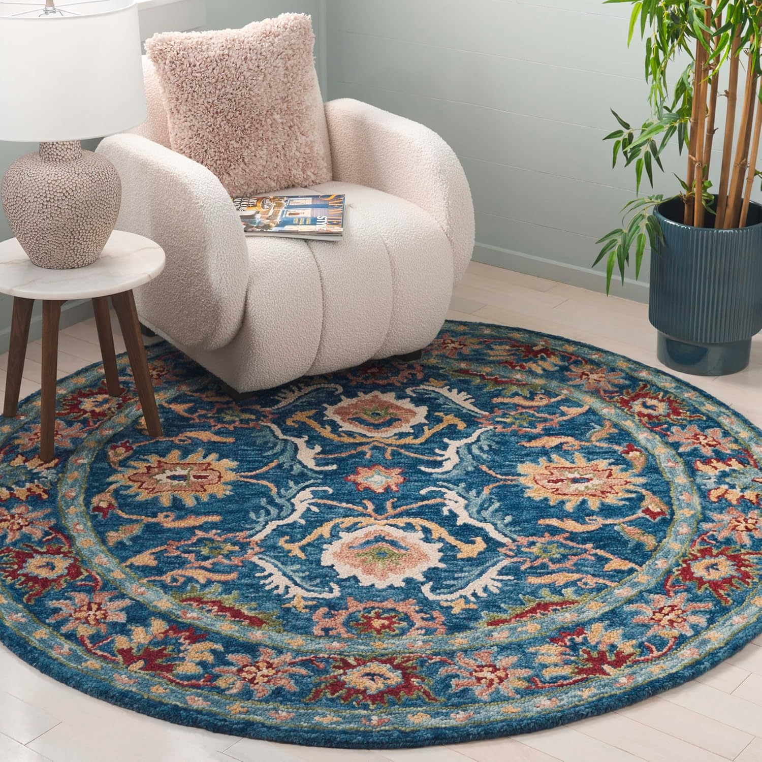 Safavieh Blossom Collection Round Rug - 6' Round, Blue & Green, Contemporary Design, Ideal for High Traffic Areas in Living Room, Bedroom & Dining Room (BLM691M-6R)