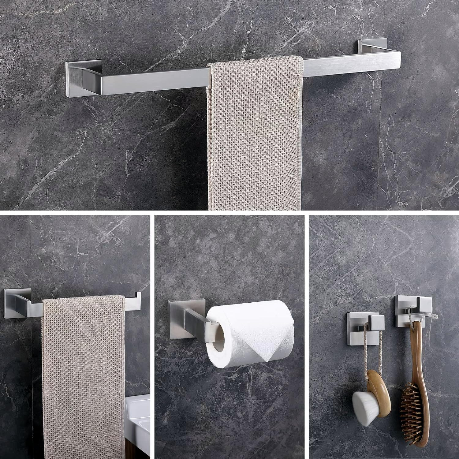 Bathroom Hardware Accessories Set Matte Black,5-Piece Black Towel Bar Set 16" Wall Mounted Towel Holder Stainless Steel-Includes Towel Bar,Robe Towel Hooks,Toilet Paper