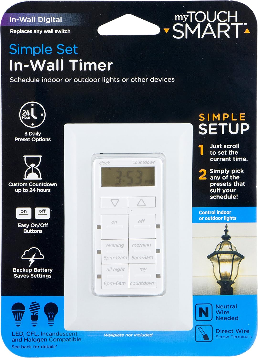 White Digital In-Wall Timer with Blue LED Indicators