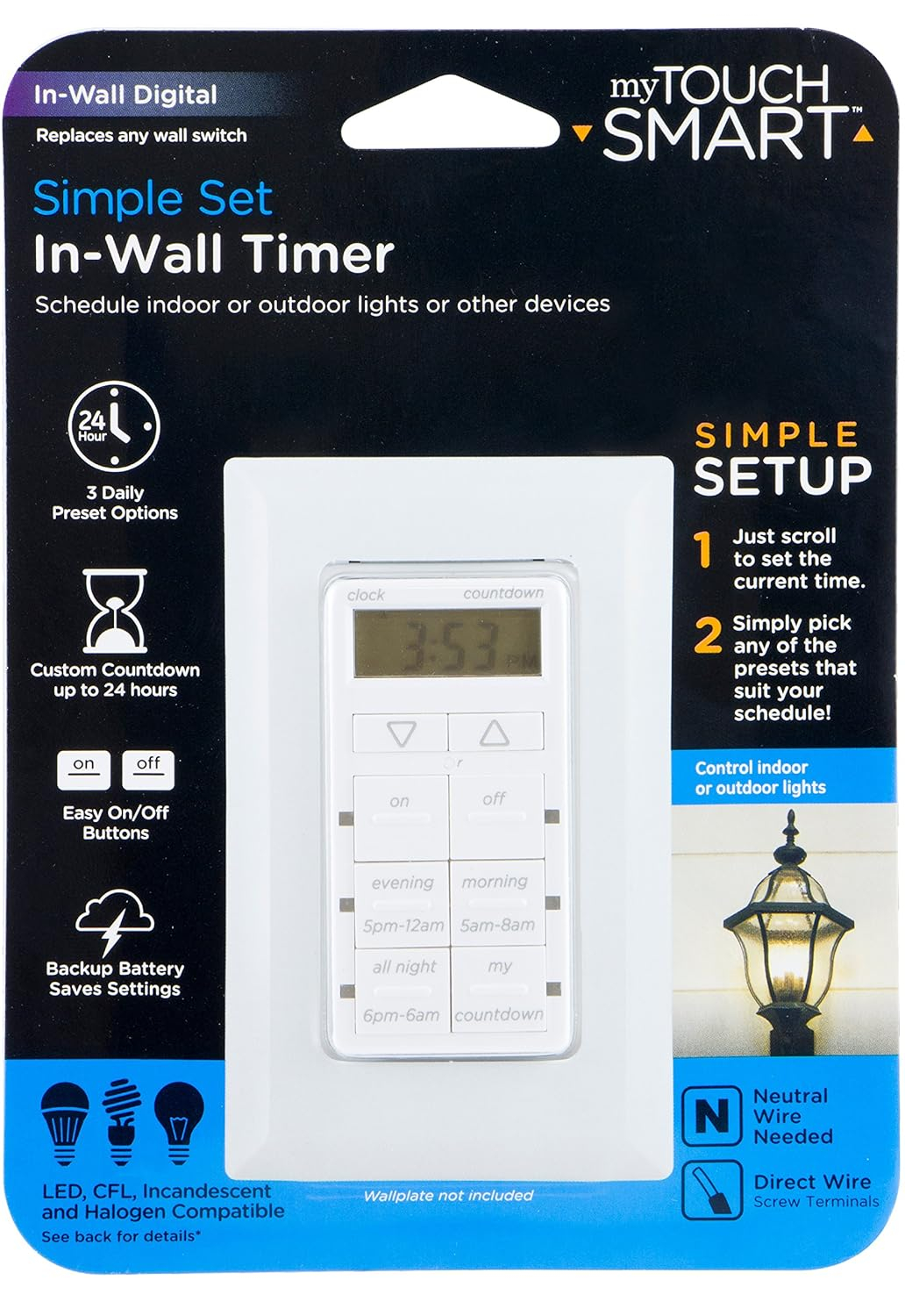 White Digital In-Wall Timer with Blue LED Indicators