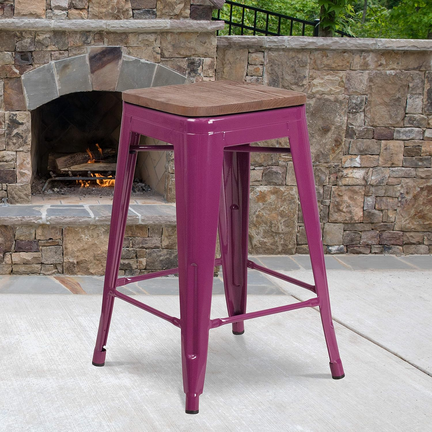 EMMA + OLIVER 24" H Backless Purple Counter Height Stool with Wood Seat