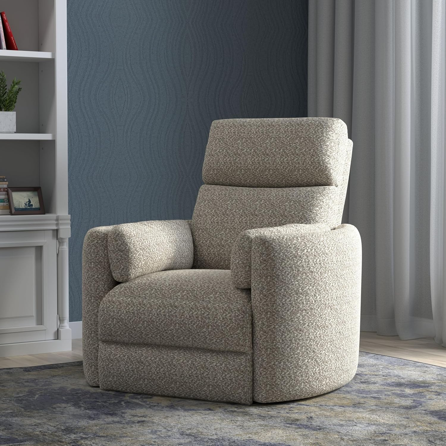 White Contemporary Swivel Recliner with Wood Accents