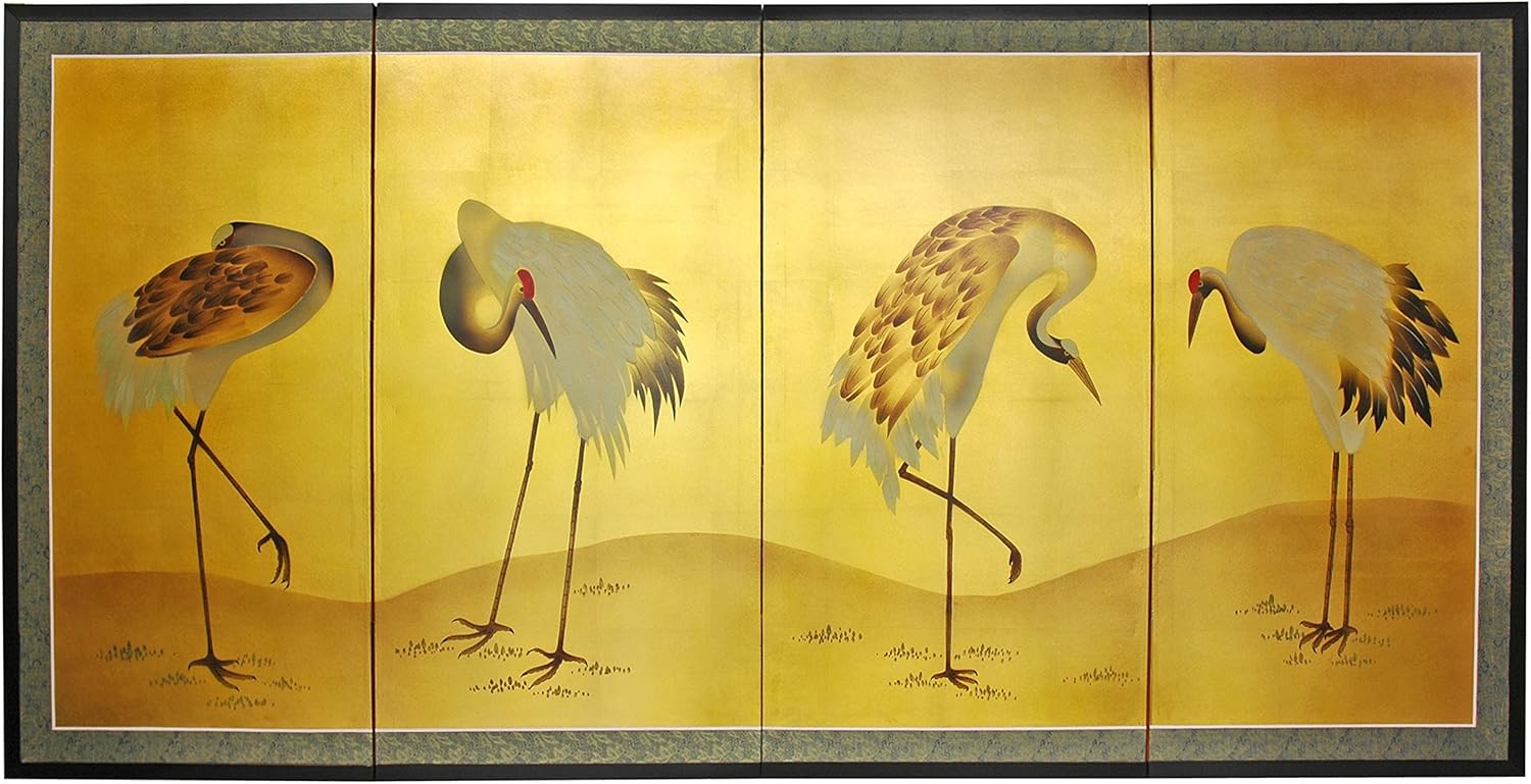 Oriental Furniture Gold Leaf Cranes, 36"H x 72"W, Gold leaf, hand painted, Oriental, Traditional, Unique pieces