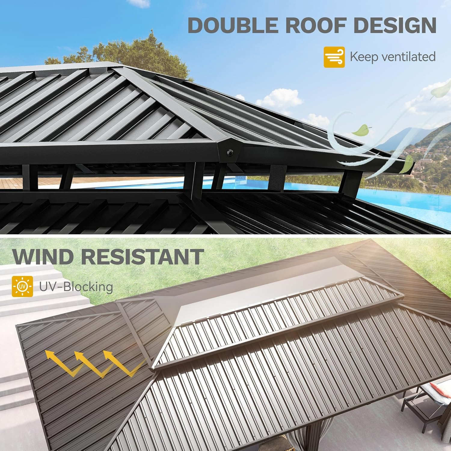 Aoxun 12x20 Hardtop Gazebo, Outdoor Galvanized Steel Double Roof Canopy with Netting and Curtains for Garden, Patio, Lawns, Gray