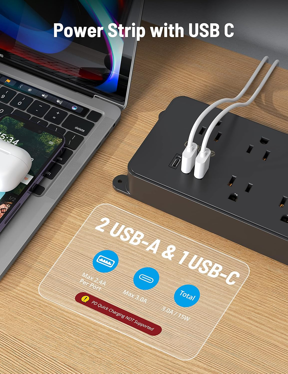 TROND Power Strip Surge Protector, ETL Listed, 15A, 5 Wide Spaced Outlets with 3 USB Ports, Wall Mountable, Flat Plug 5ft Extension Cord, 1300J, 14AWG Heavy Duty, for Office Kitchen, Black