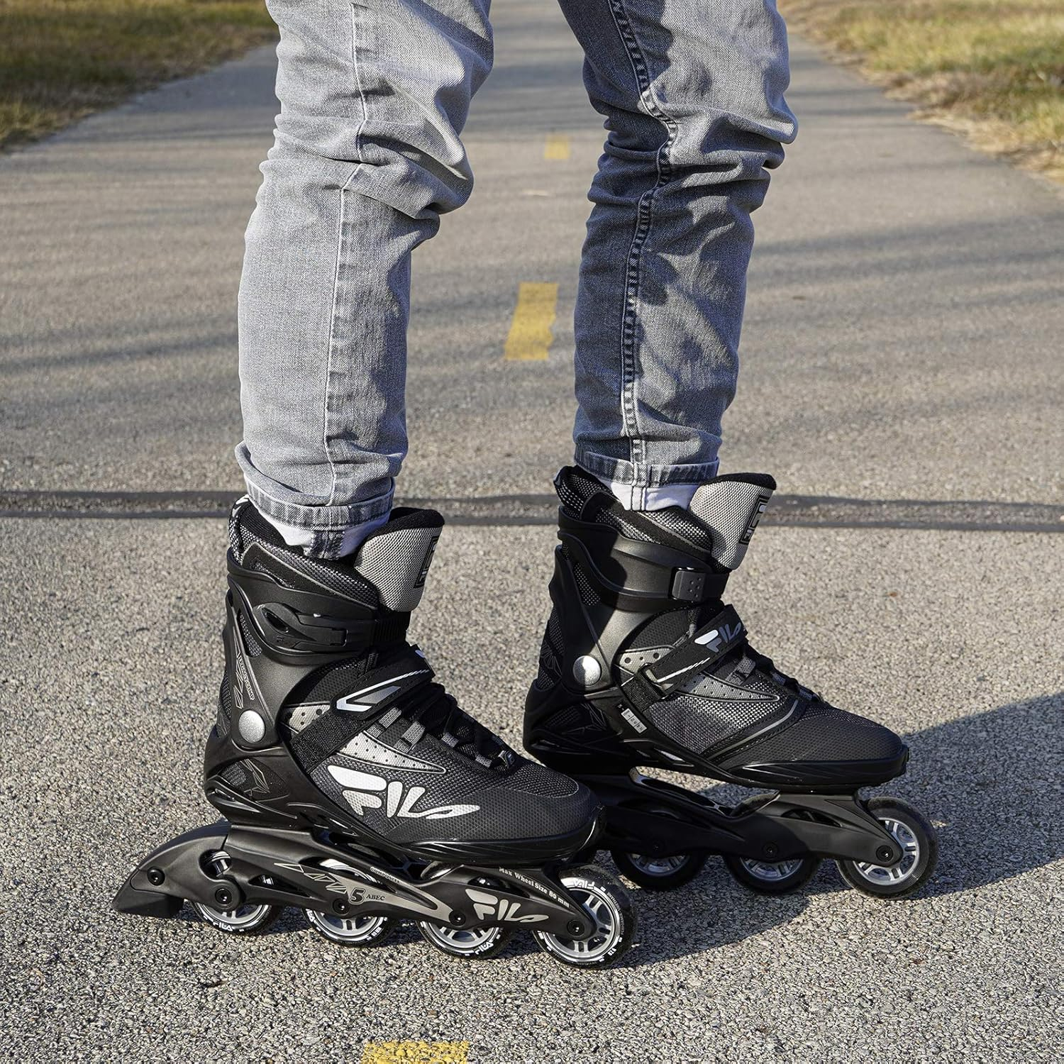 FILA Legacy Comp Inline Skates for Teens and Adults, Unisex Inline Skates for Girls, Boys, Women and Men, Black and Gray, Men's 8