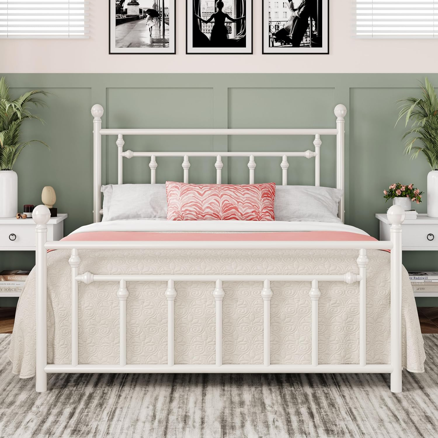 Allewie 14 Inch Queen Size Metal Platform Bed Frame with Victorian Vintage Headboard and Footboard/Mattress Foundation/Under Bed Storage/No Box Spring Needed/Easy Assembly/Noise Free/White