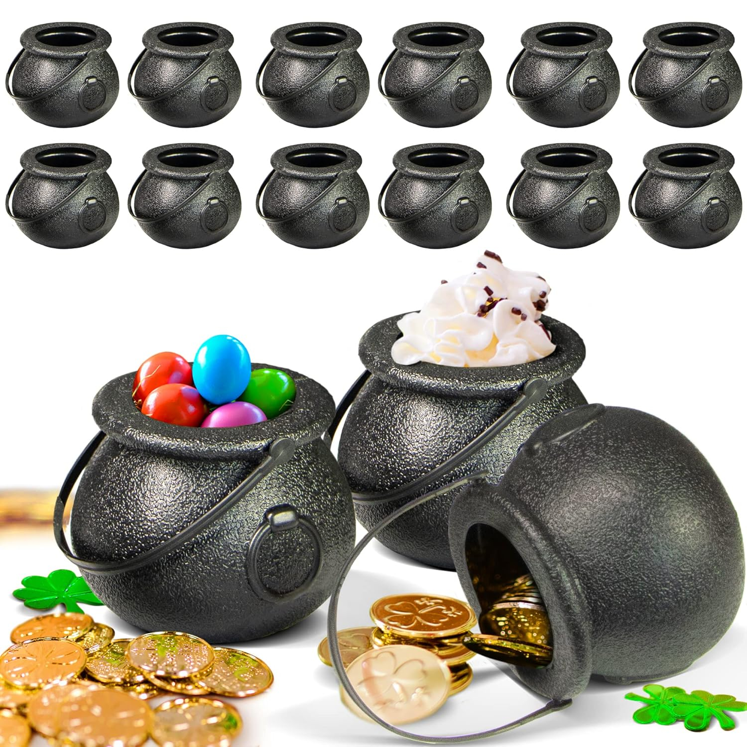 12 Pcs Plastic Candy Cauldrons - Mini Bucket Toys for St. Patrick’s Day Pot of Gold, Trick or Treat, Halloween Decoration and Kid Birthday Party Favors